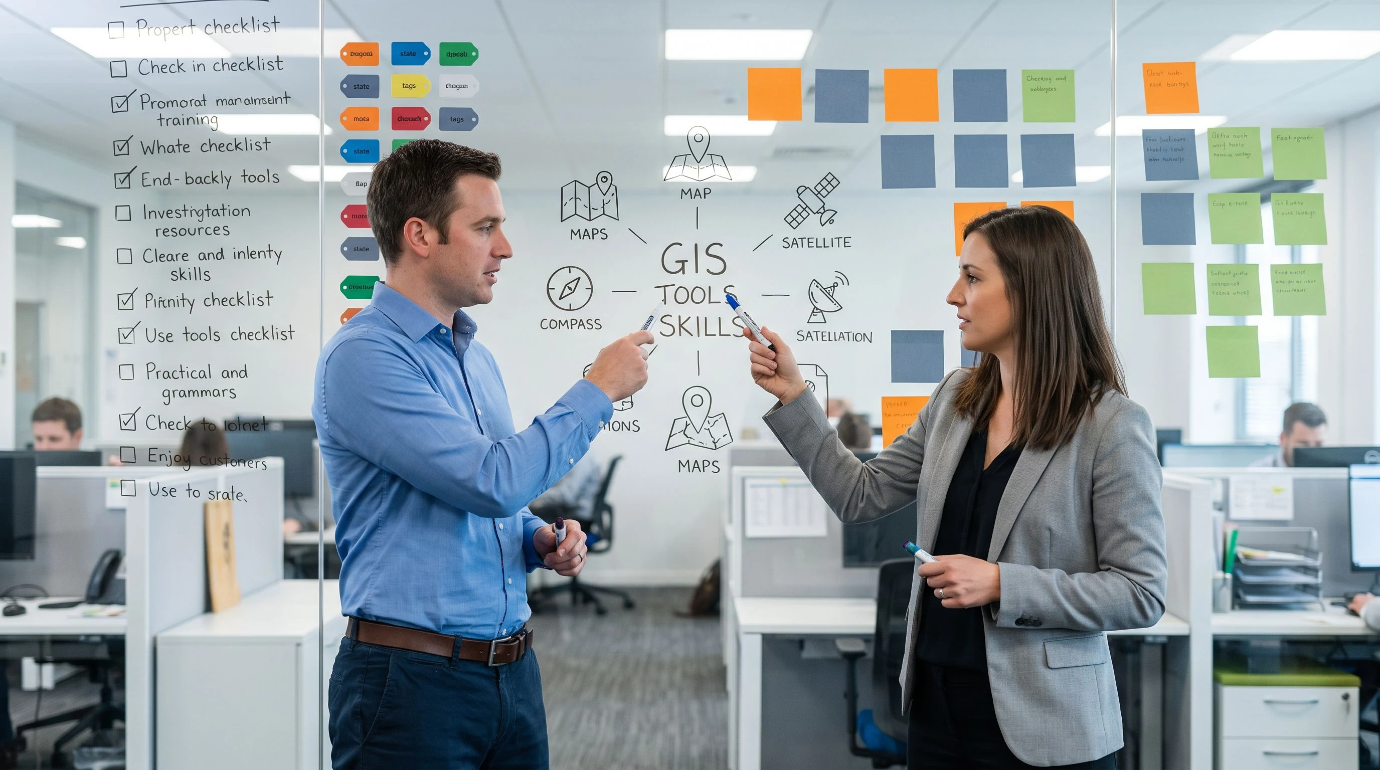 GIS analyst skills checklist on whiteboard showing ArcGIS, QGIS, PostGIS and Python tags