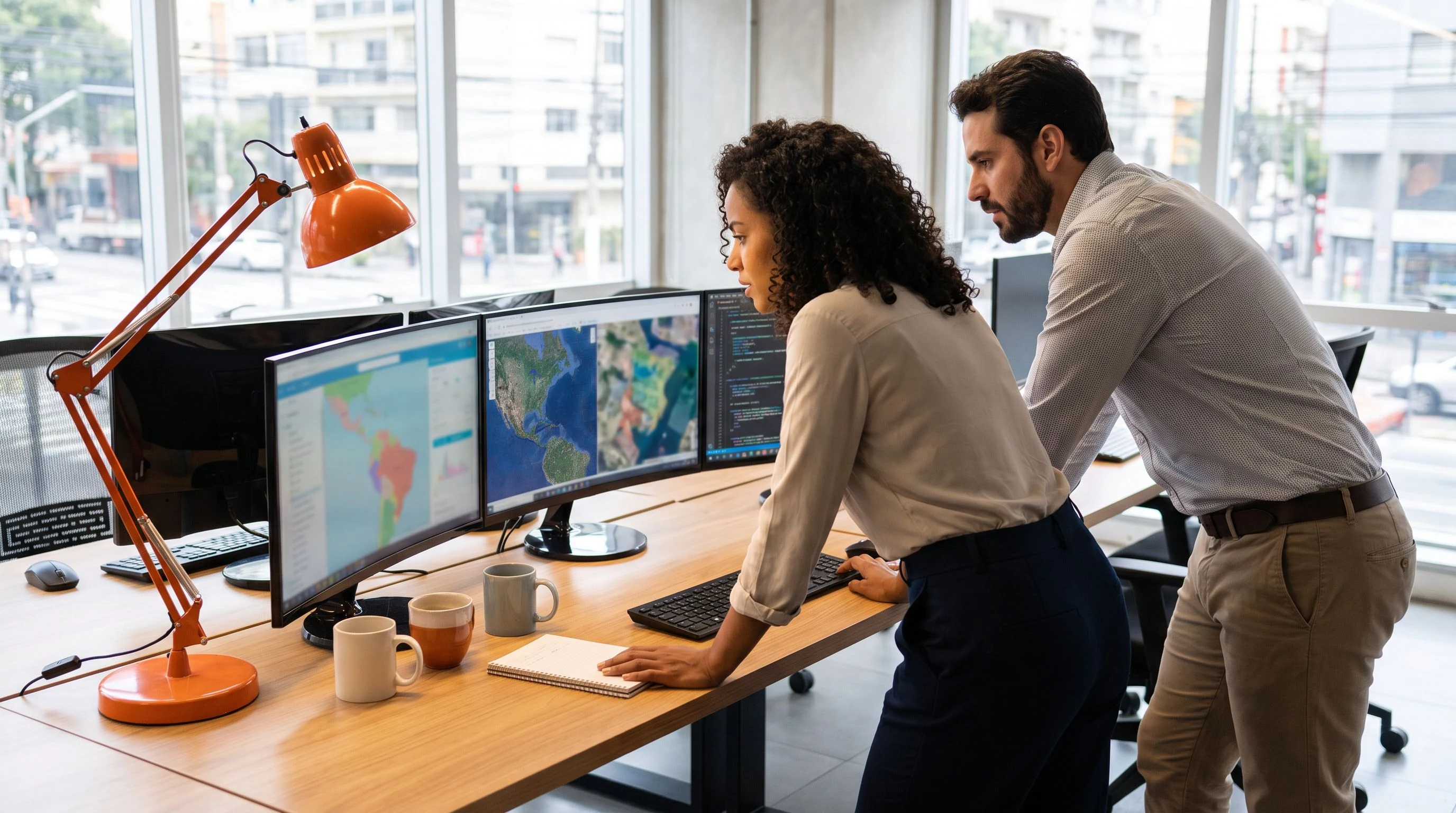 GIS analyst reviewing spatial maps and ArcGIS data on dual monitors in a modern Latin America office, orange coffee mug on desk