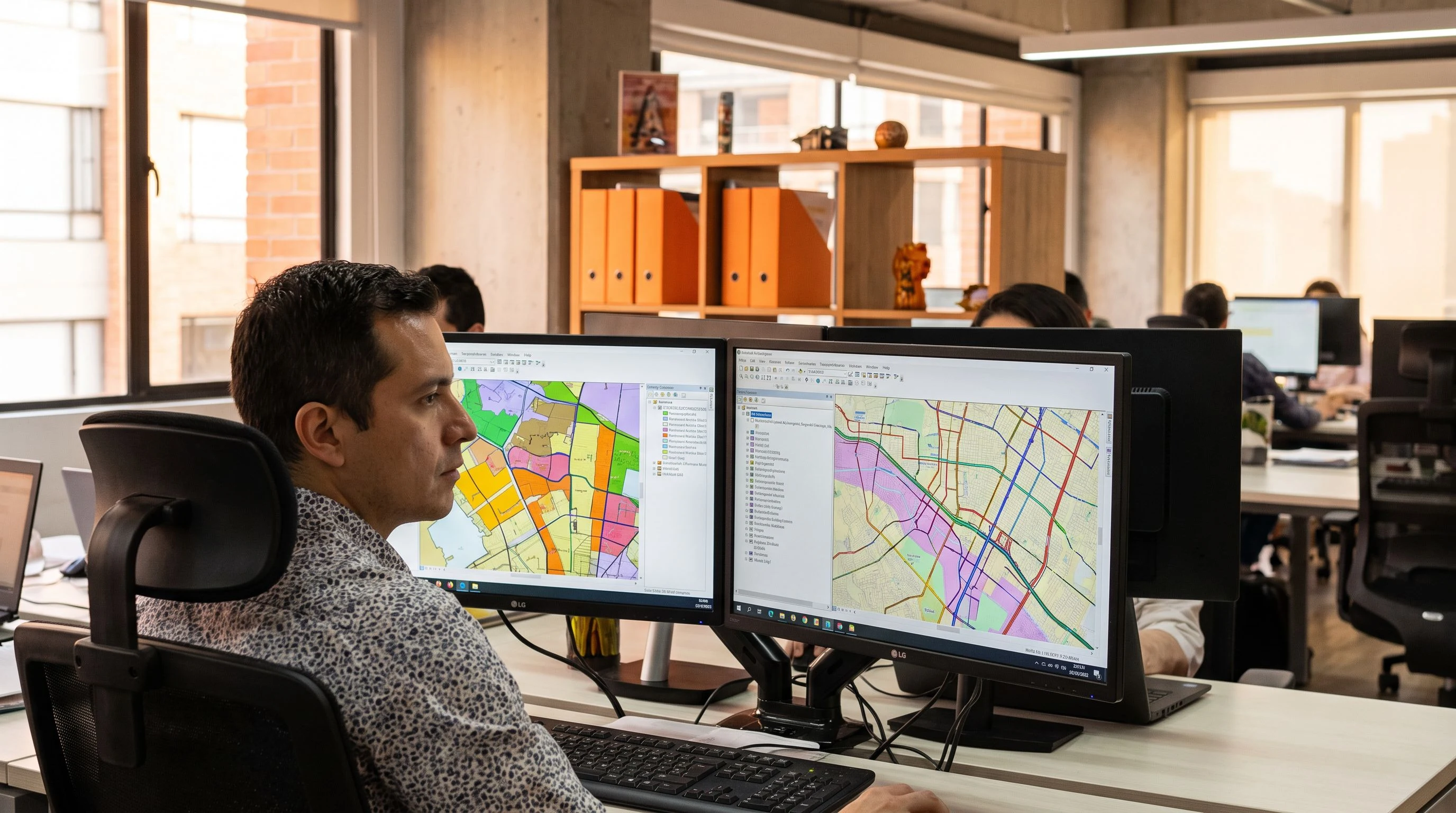 Two GIS professionals collaborating over spatial data maps on large monitors in a bright modern office, orange accent lamp visible