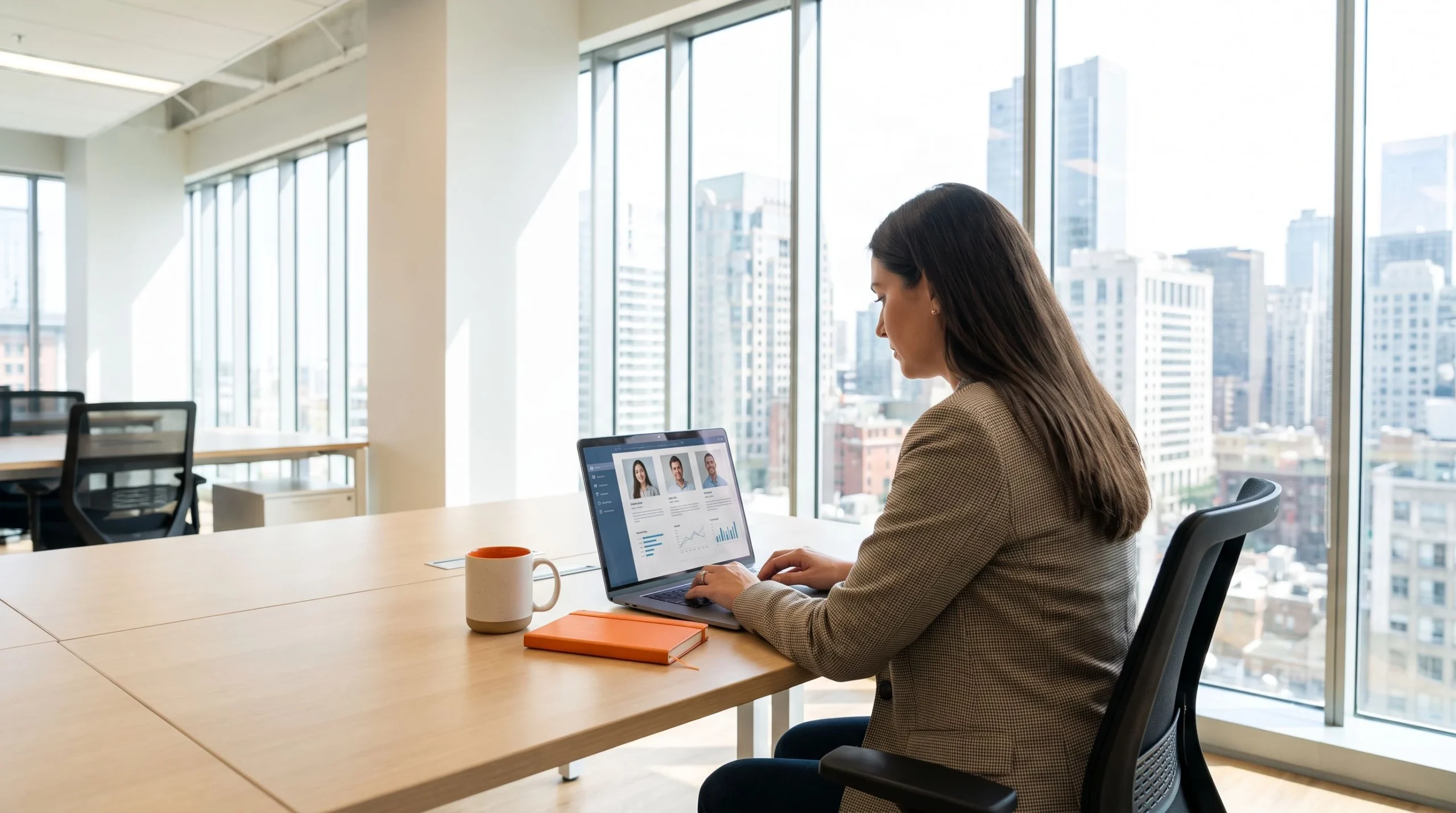 Hiring manager reviewing nearshore GIS analyst resumes on laptop in modern office, city view background