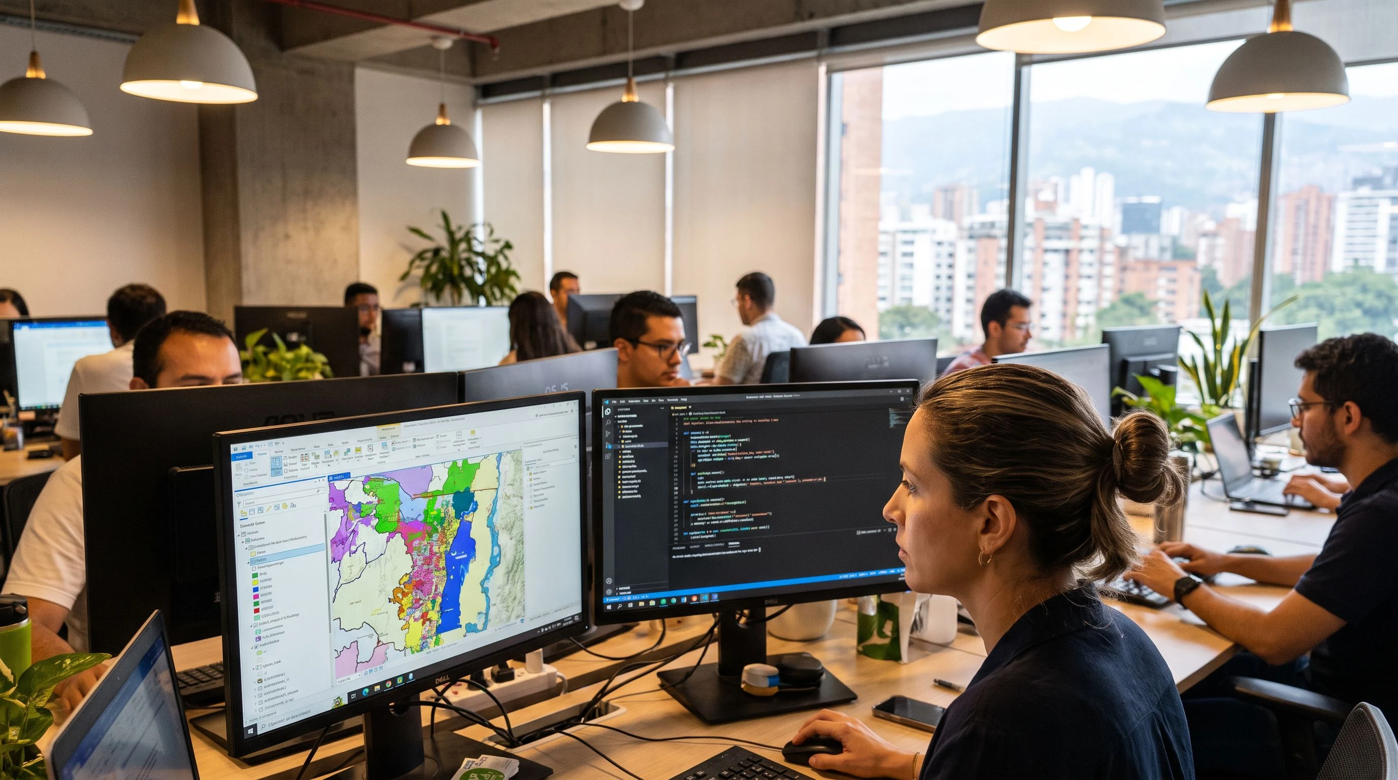 GIS analyst completing a hands-on ArcGIS screening assessment on dual monitors