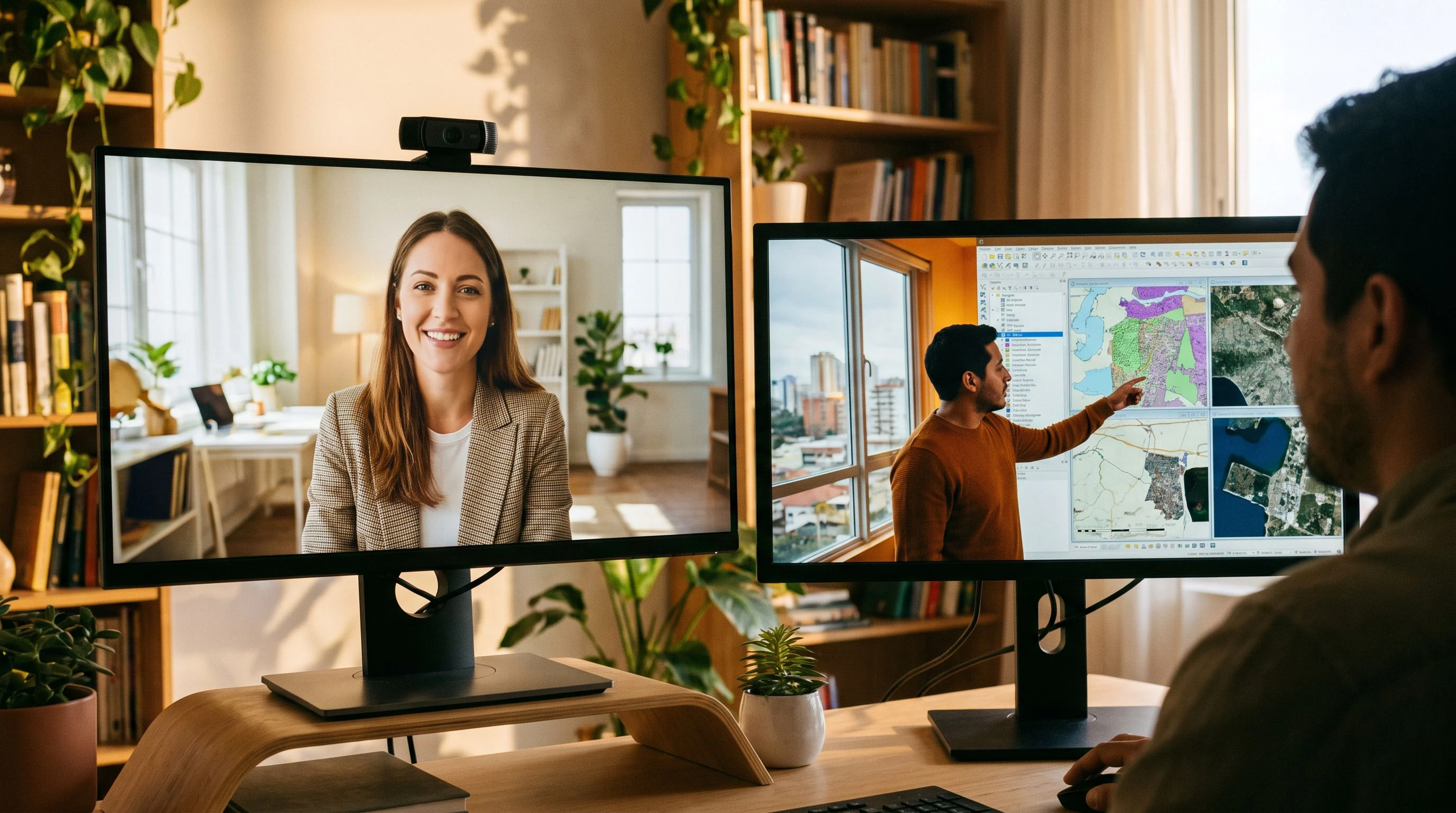 US and nearshore GIS team collaborating on a spatial analysis project via video call