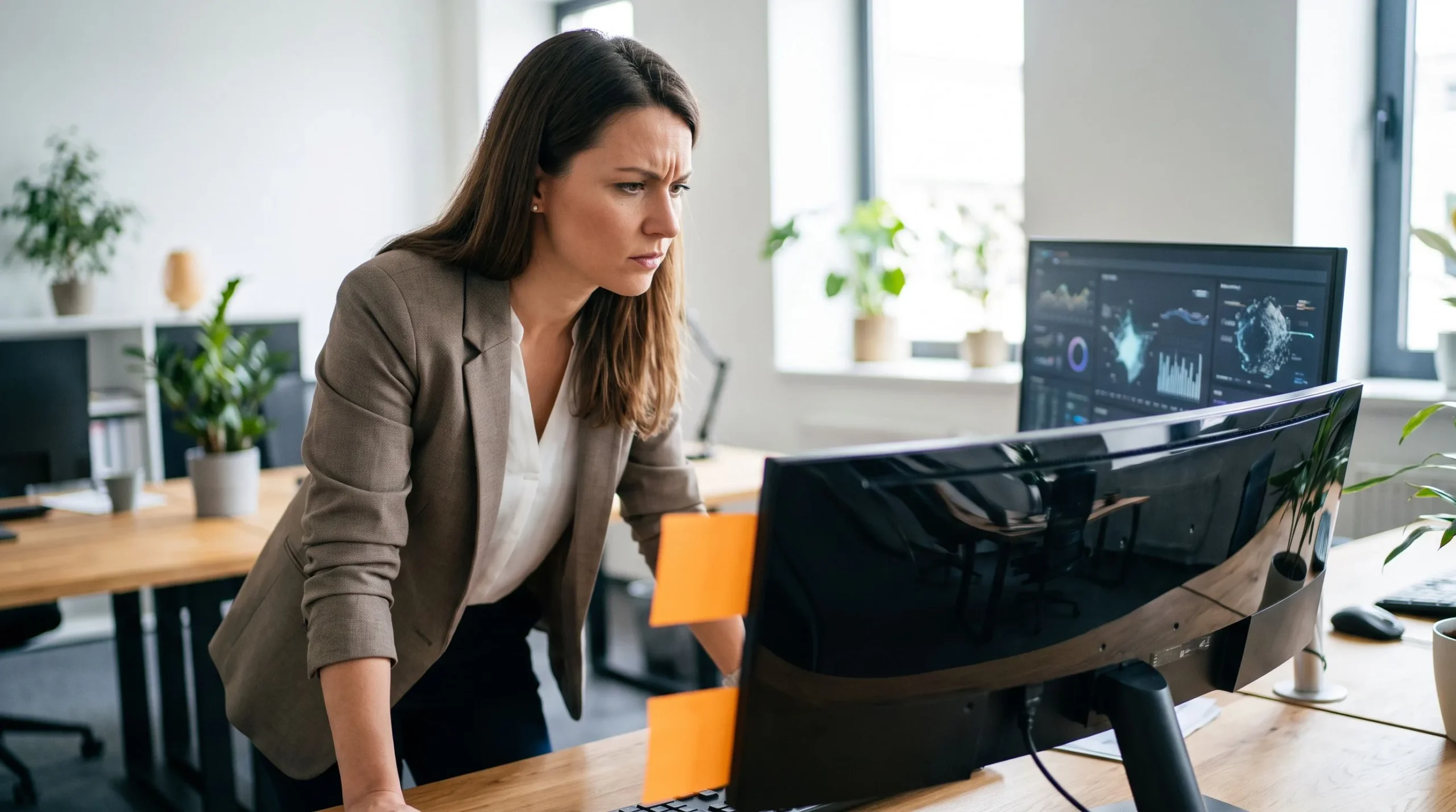 HR manager reviewing offshore accountant candidates on laptop, professional office, orange accent