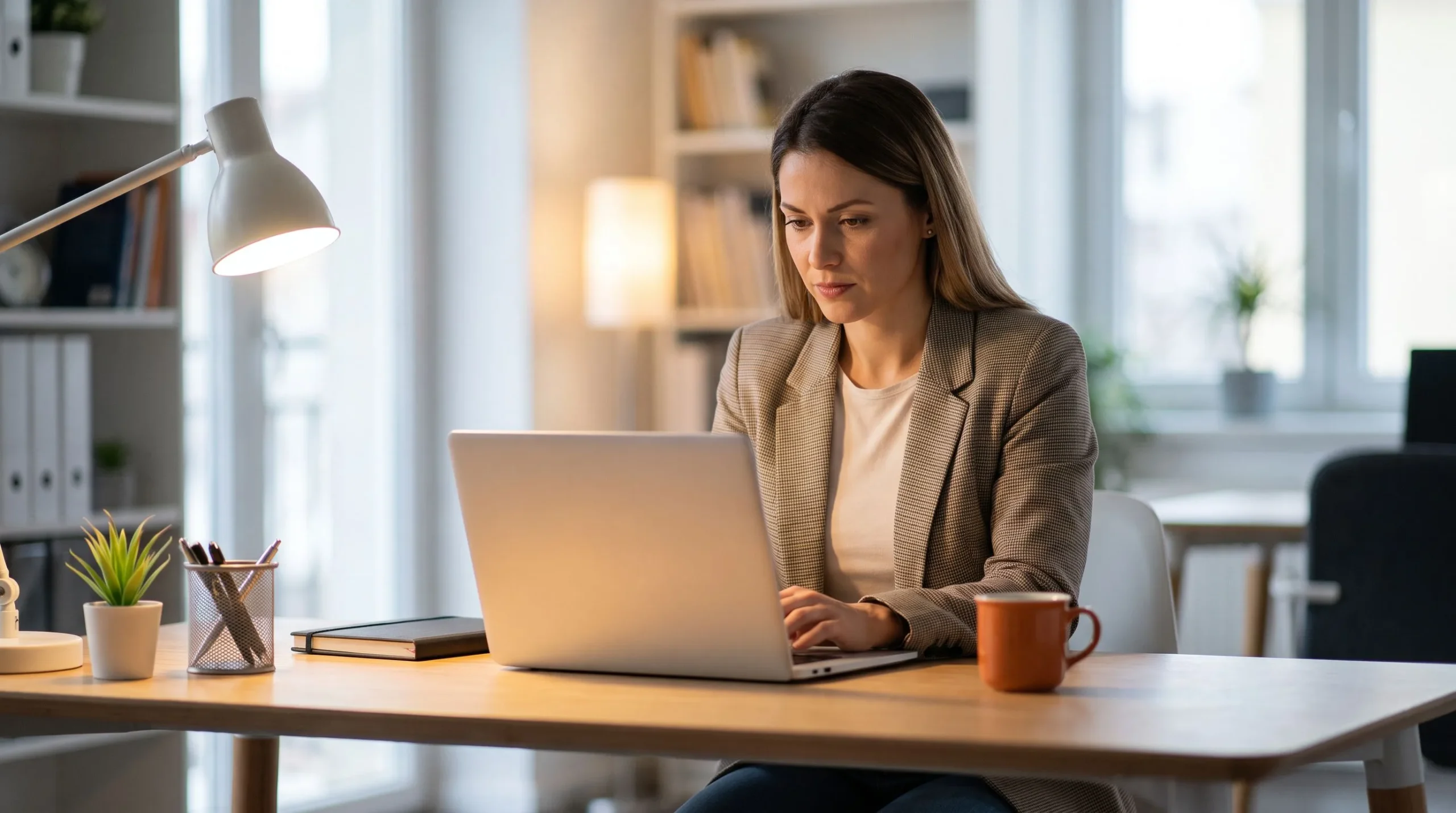 US business owner on video call with offshore accountant, smiling and engaged, orange accent water bottle beside laptop