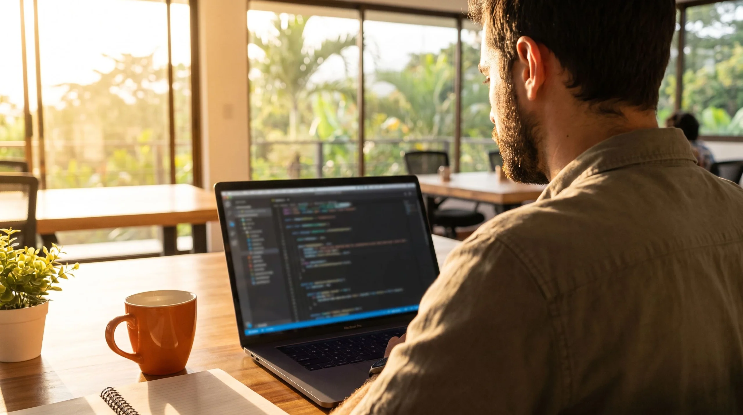 Nearshore iOS developer reviewing SwiftUI code over the shoulder on a laptop in a bright Costa Rica office, orange accent mug on the desk