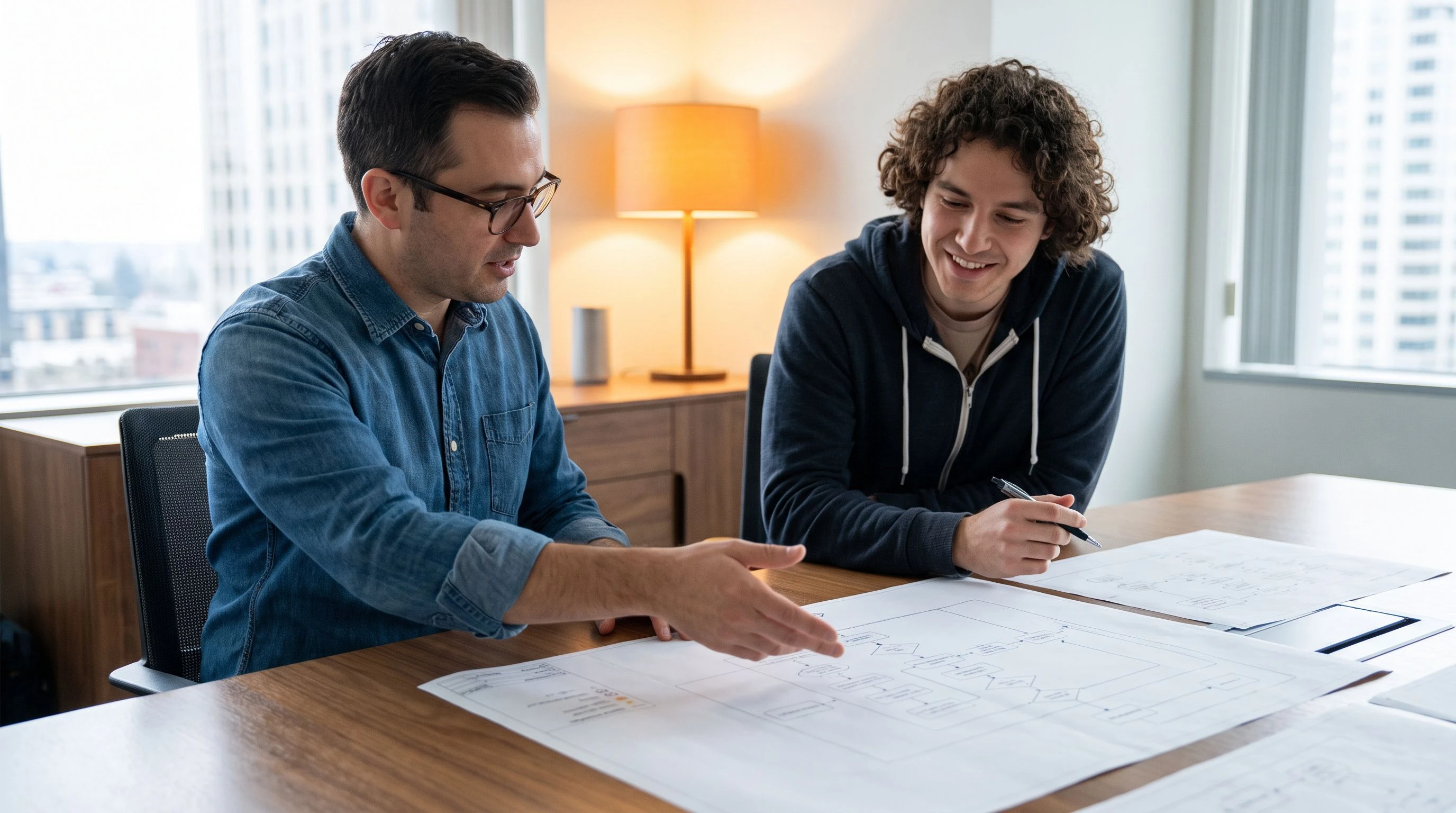 Engineering manager and iOS developer reviewing app architecture diagrams on a printed document around a conference table, warm orange accent lamp in background