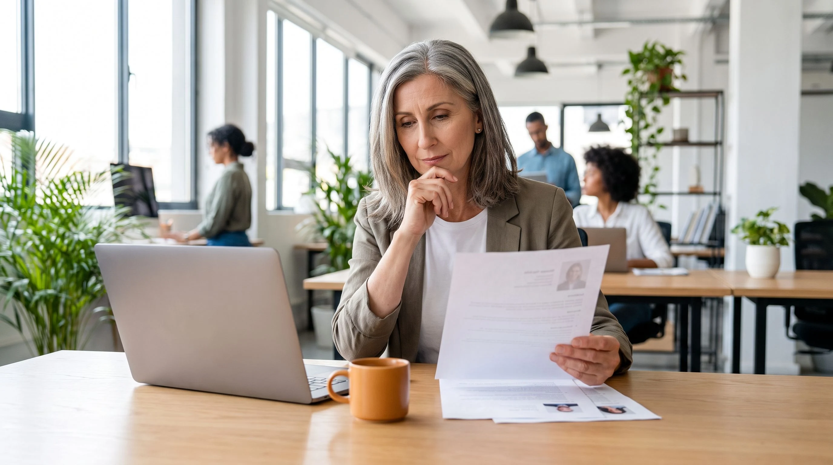 HR manager reviewing offshore payroll specialist candidate profiles at a desk with an orange coffee mug
