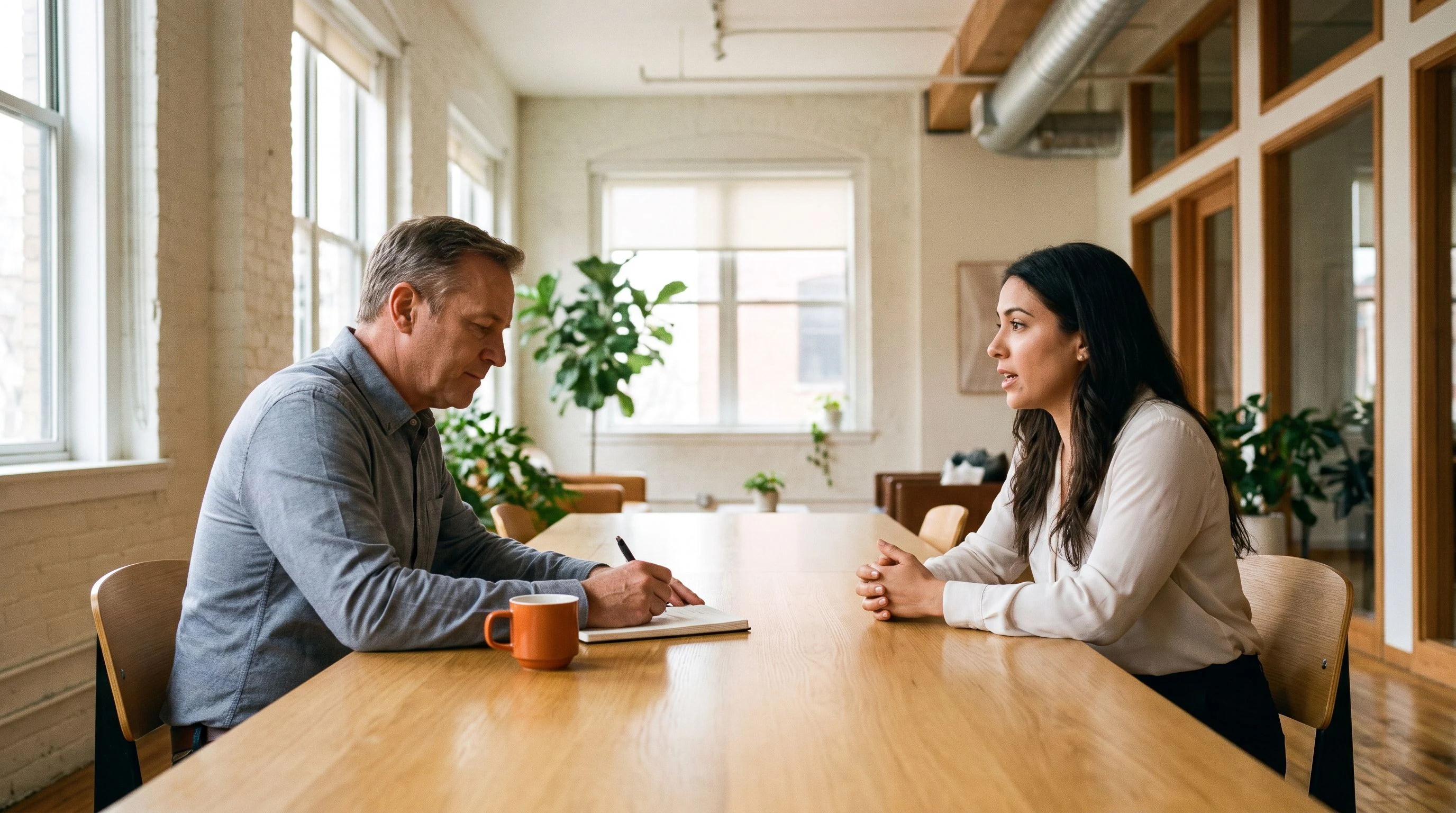 Hiring manager and payroll specialist candidate in a professional interview setting with an orange coffee mug on the table
