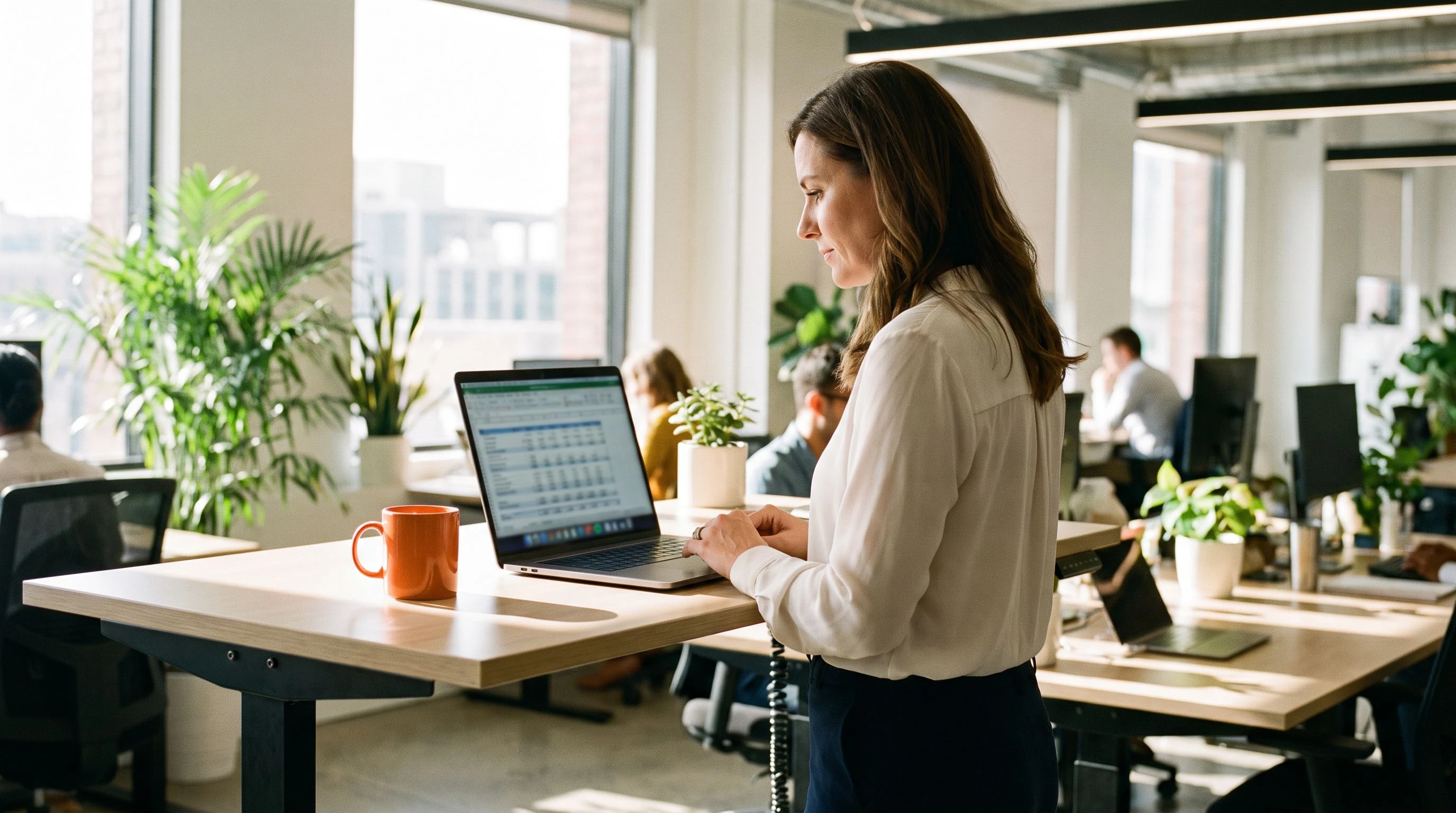 Offshore payroll professional at a standing desk reviewing work on a laptop in an open-plan office with an orange coffee mug