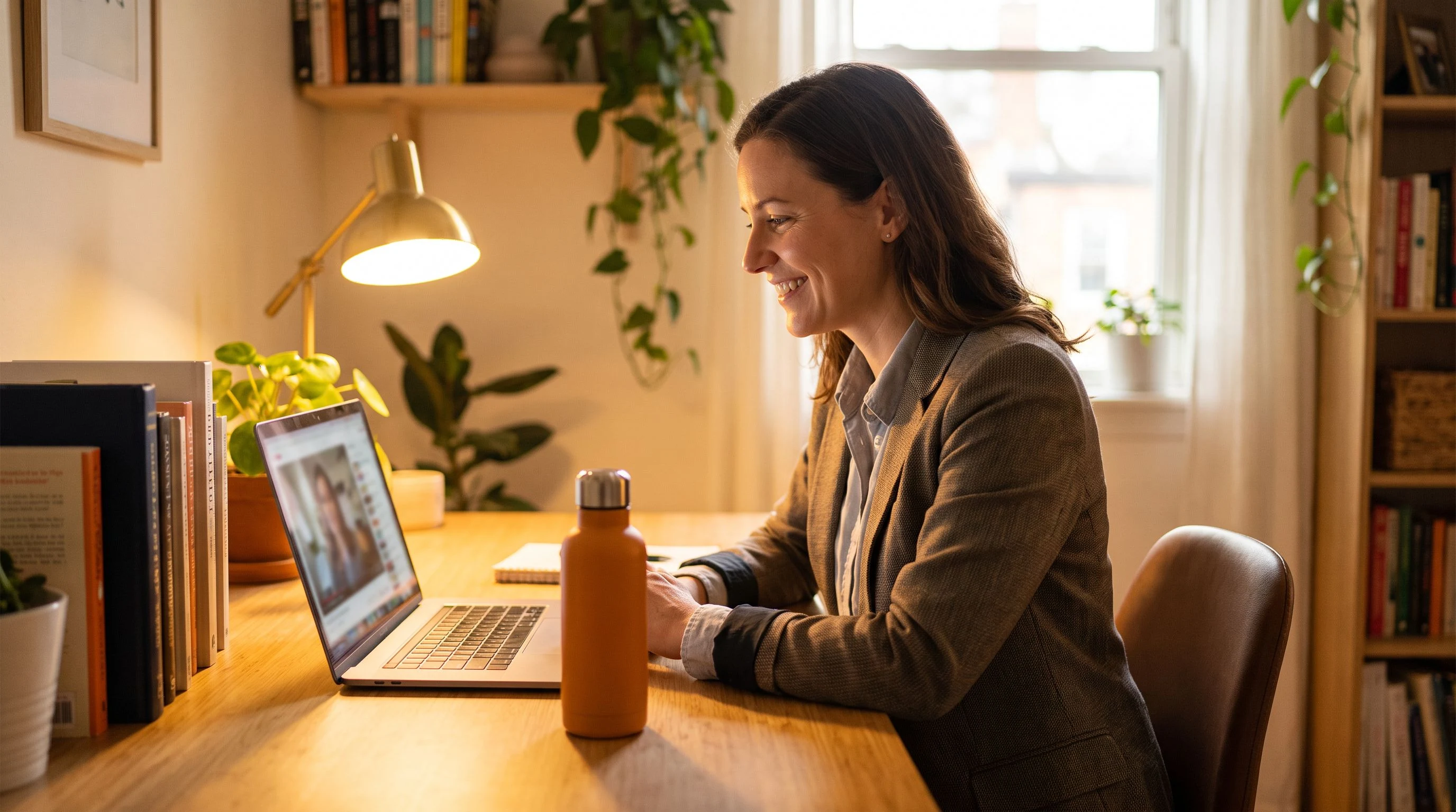 US business owner on video call with offshore payroll specialist, smiling, orange water bottle on desk