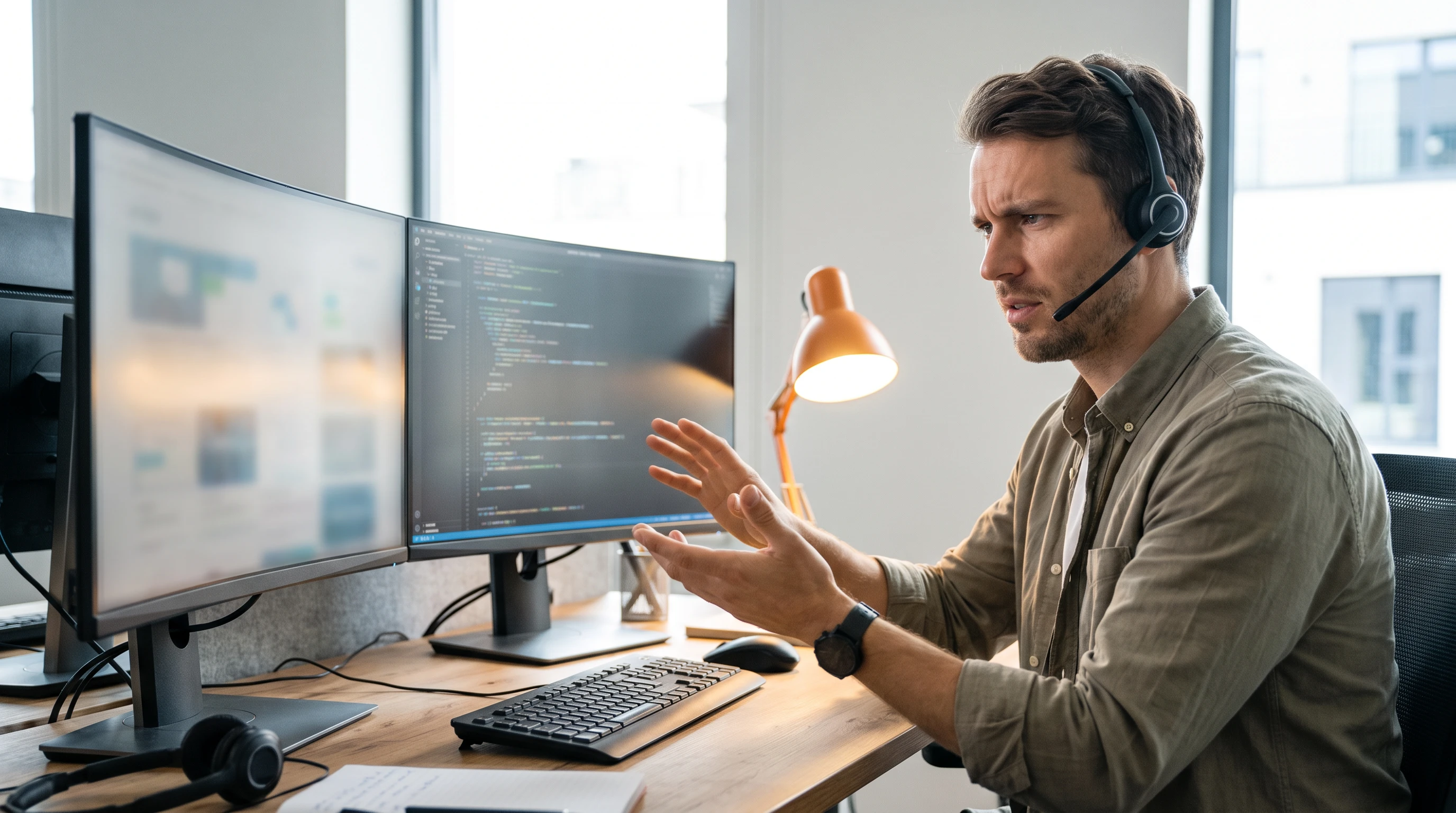 IT support specialist wearing a headset troubleshooting an issue across two monitors