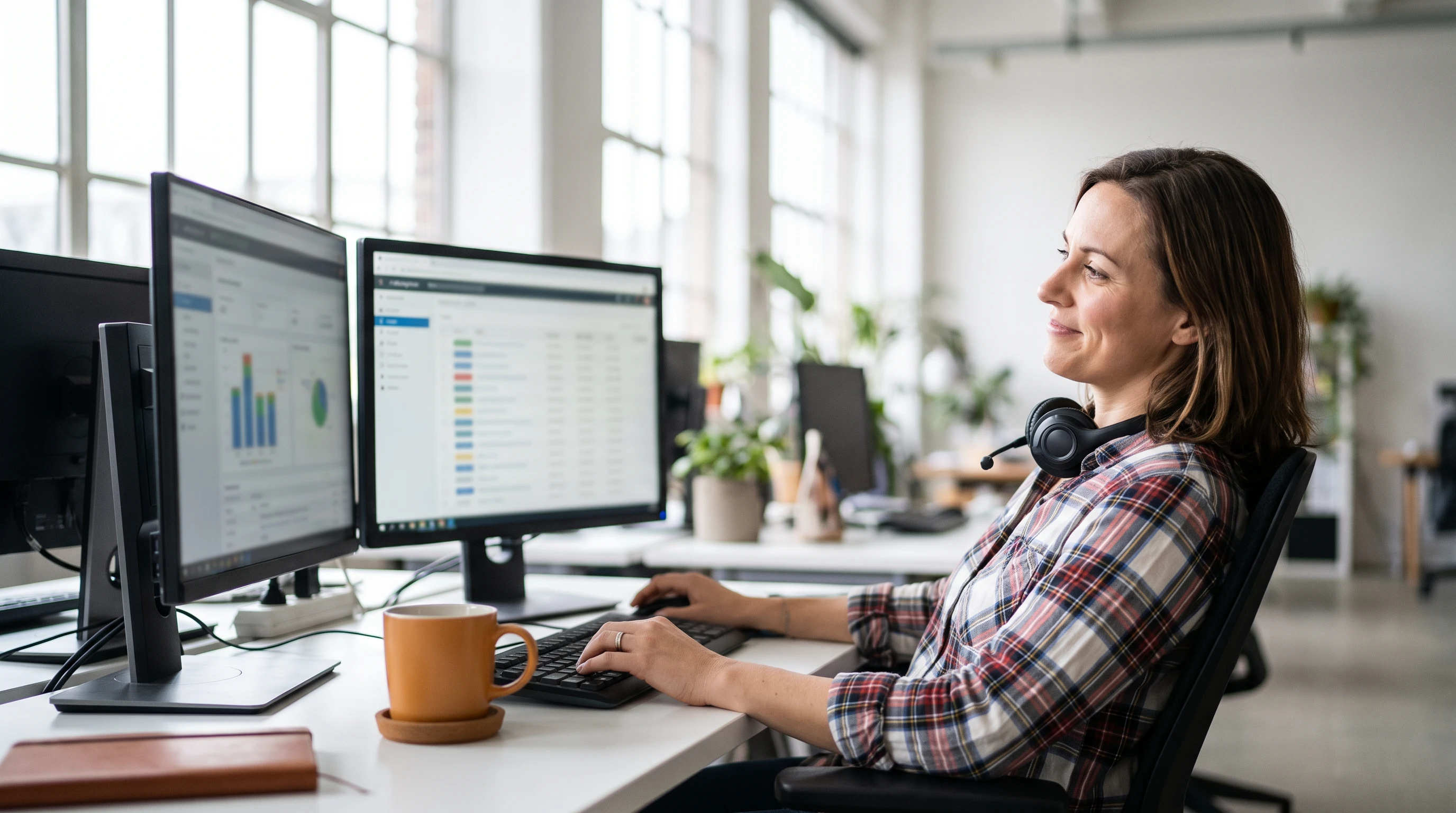 IT support specialist reviewing a ticket queue on dual monitors at a bright modern office desk