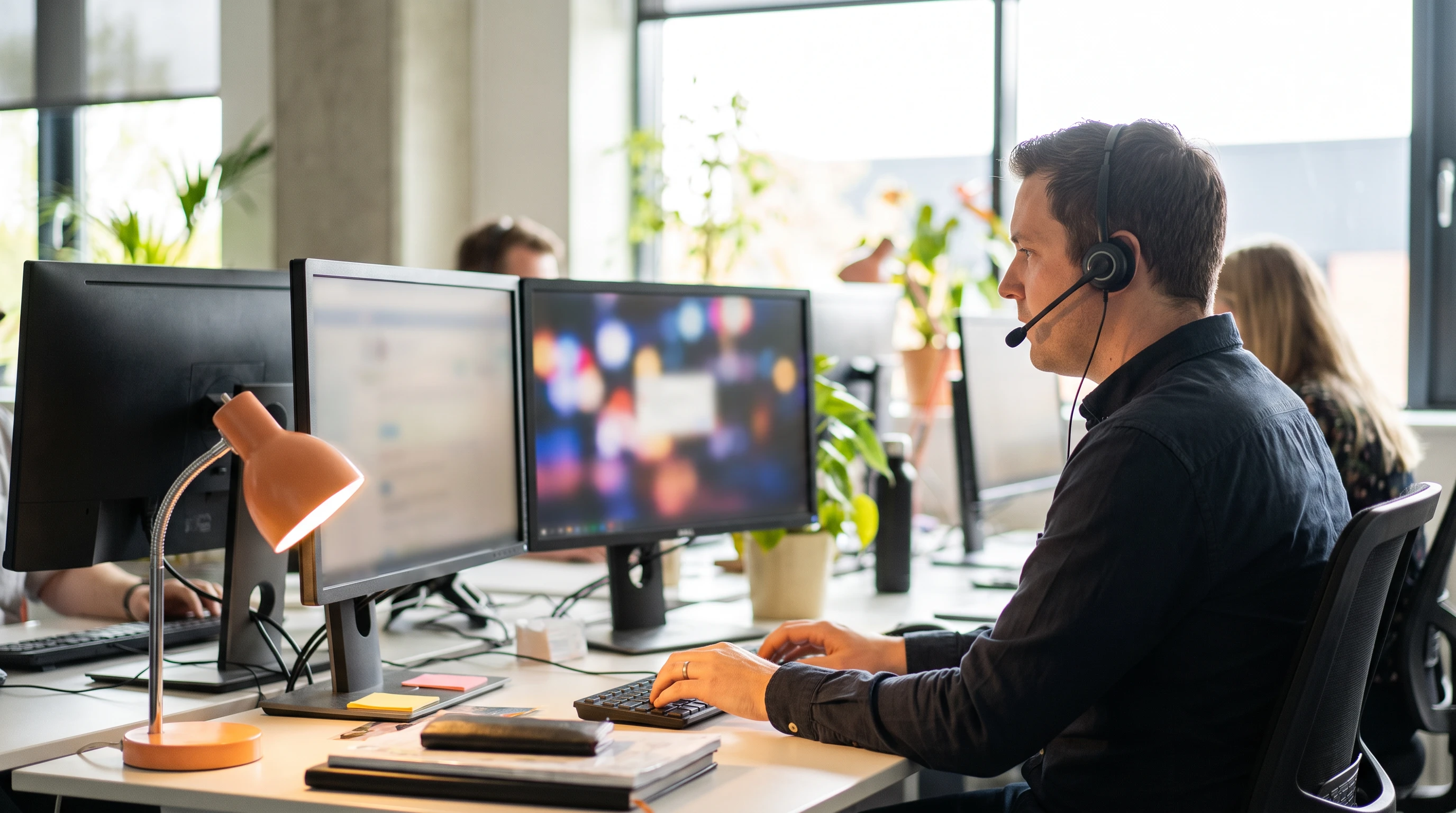 Offshore IT support specialist troubleshooting a remote ticket at a dual-monitor helpdesk workstation