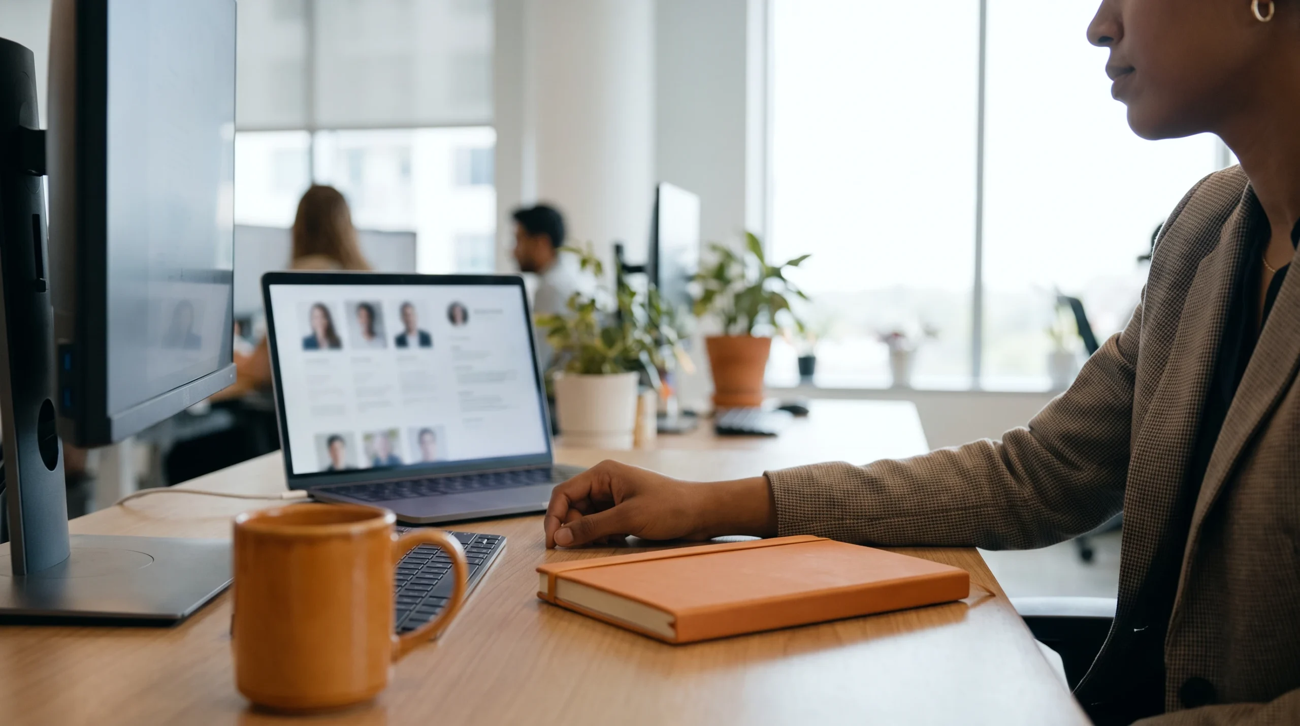 Hiring manager reviewing offshore IT support specialist candidate profiles on a laptop in a modern office