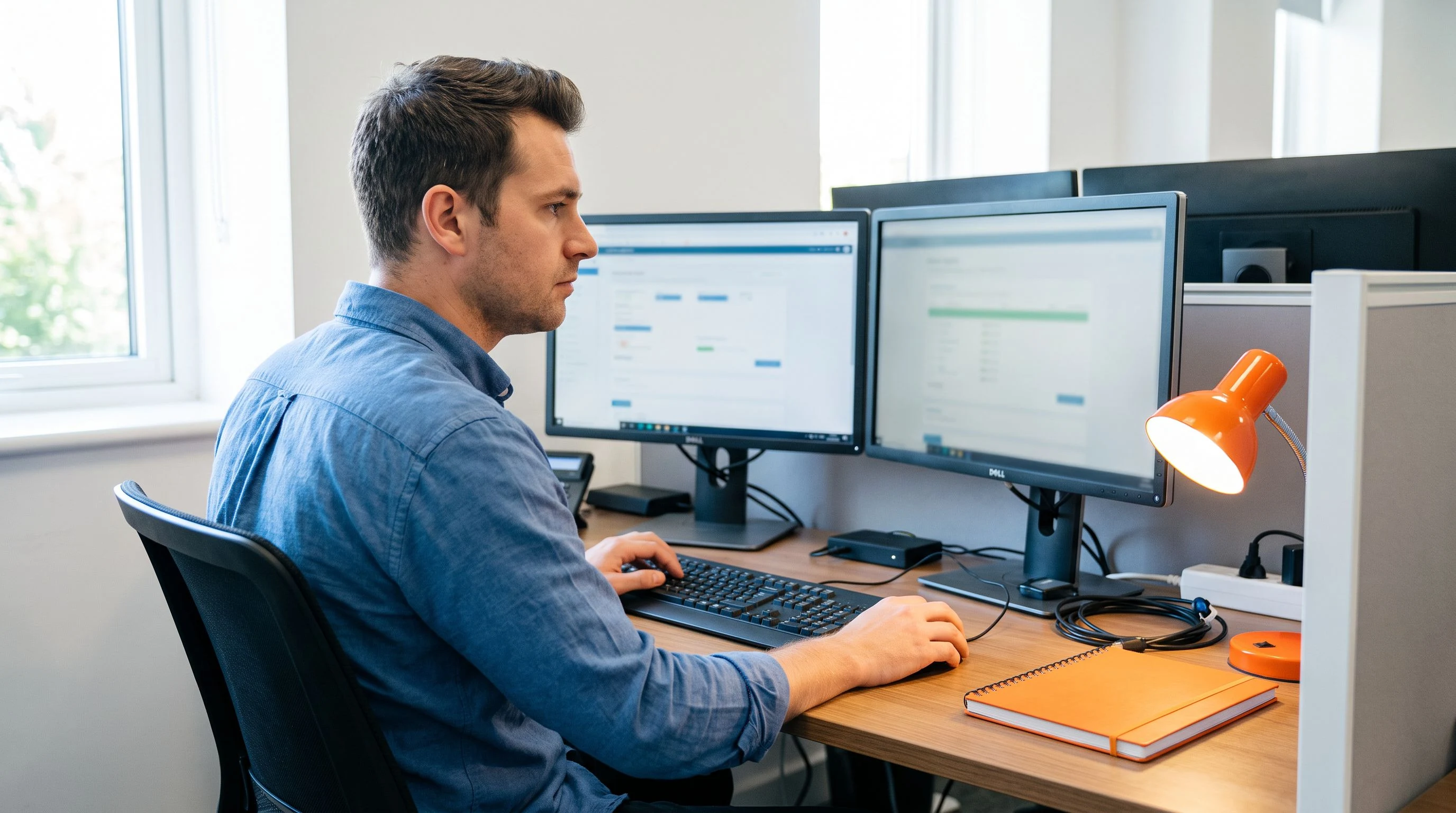 IT support specialist candidate completing a live technical troubleshooting exercise on dual monitors during an interview