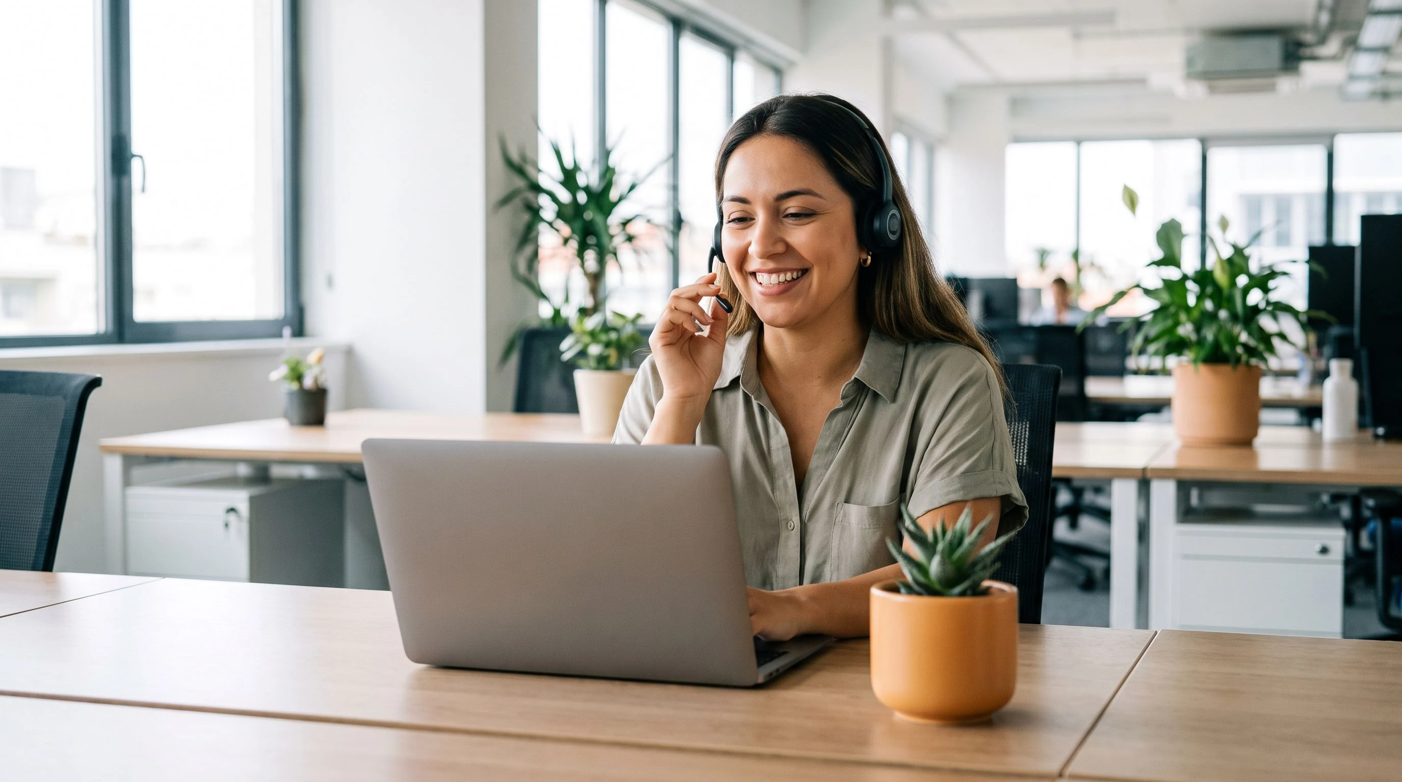 IT support and customer-facing help desk professional wearing a headset during a support call
