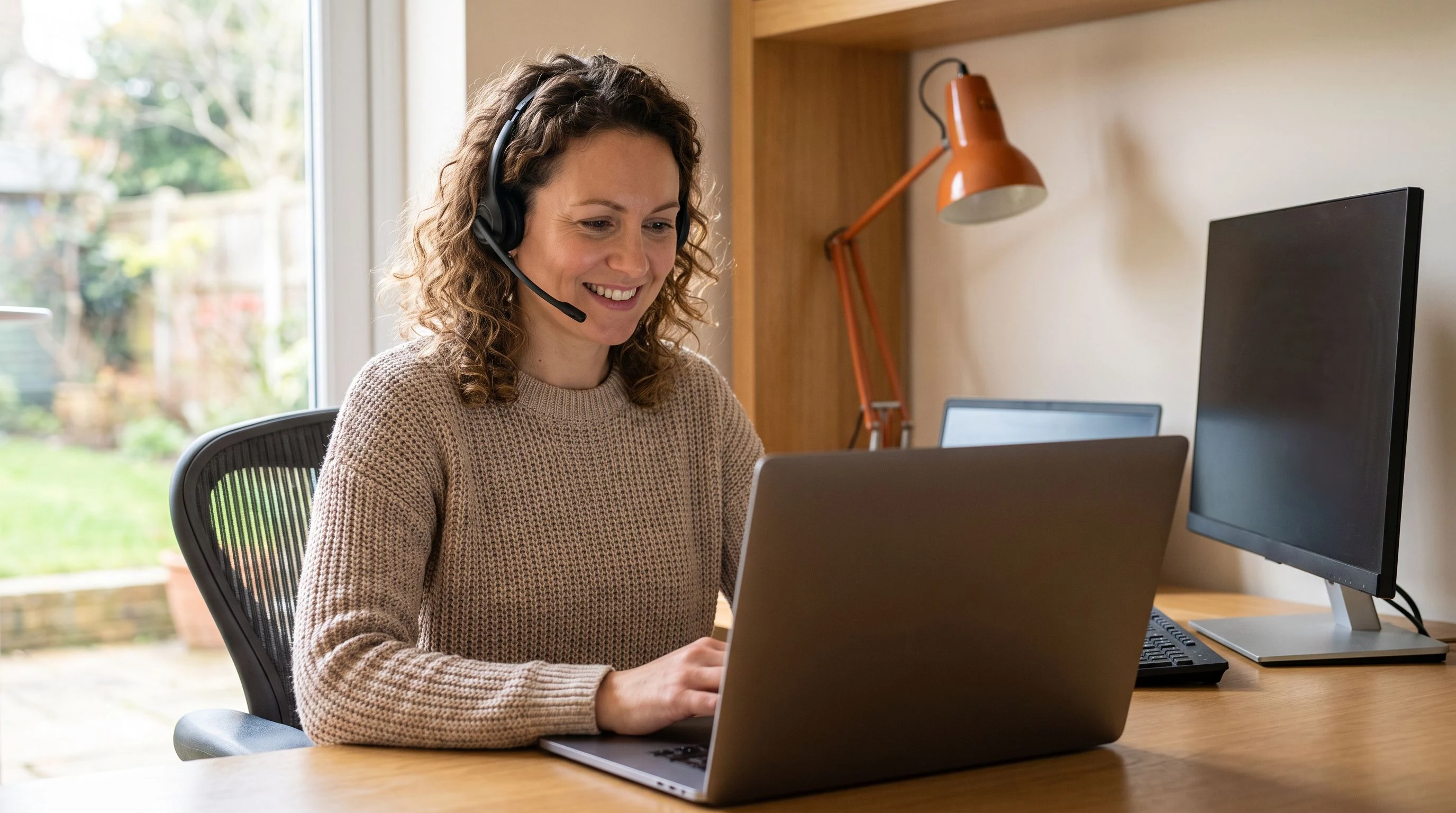 Remote IT support specialist working from a home office setup with a laptop and monitor