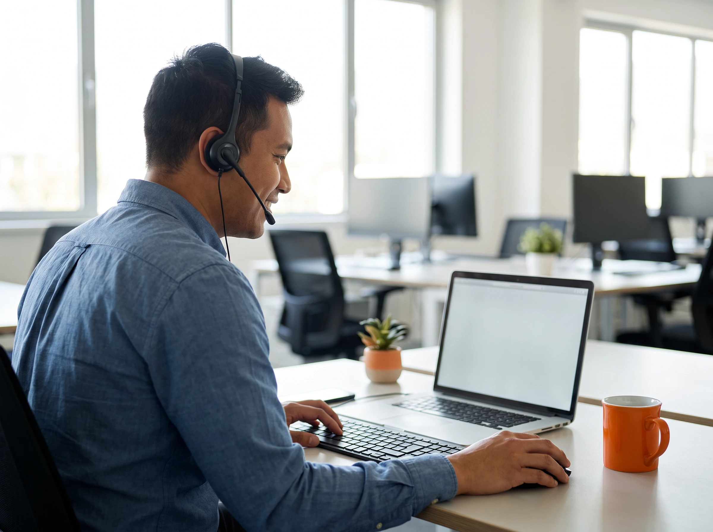 Offshore IT support specialist wearing a headset troubleshooting an internal helpdesk ticket at a dual-monitor workstation