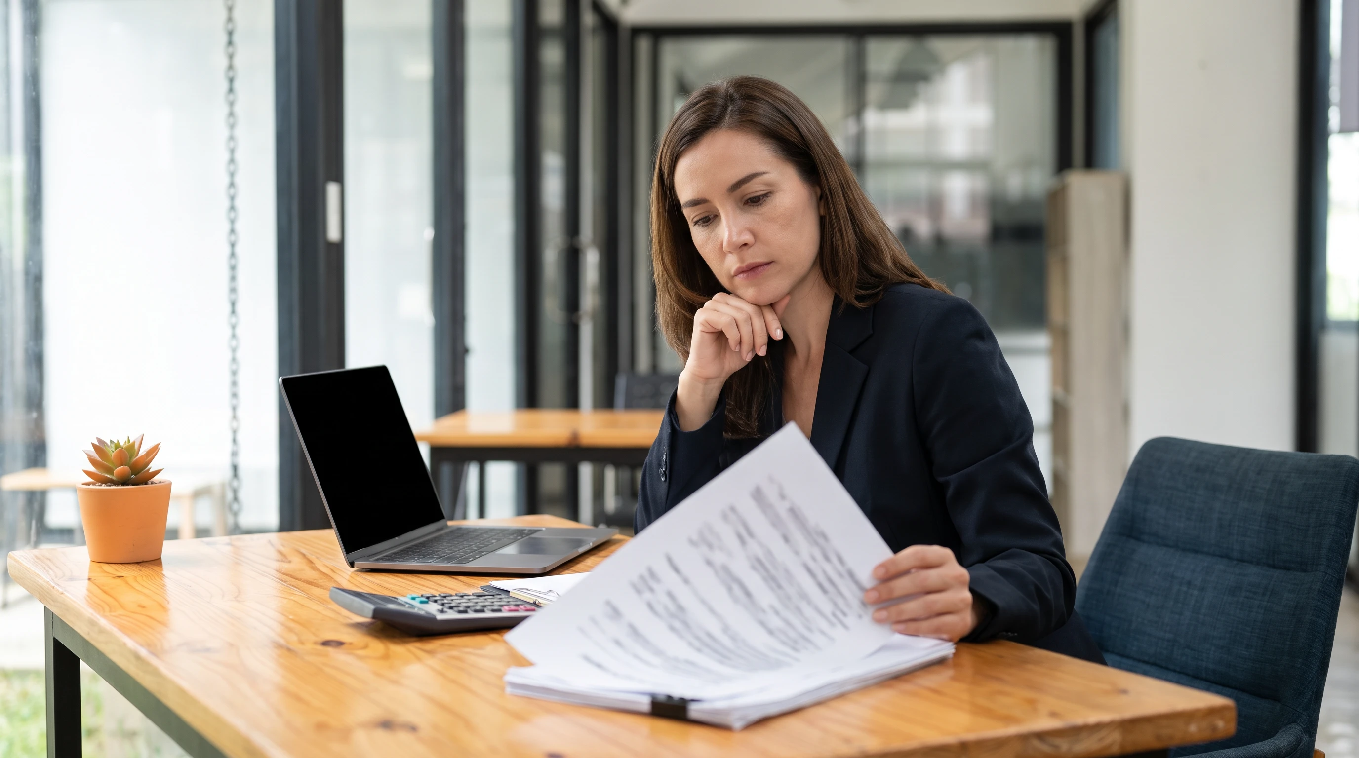 US hiring manager reviewing salary and overhead cost comparison documents at her desk