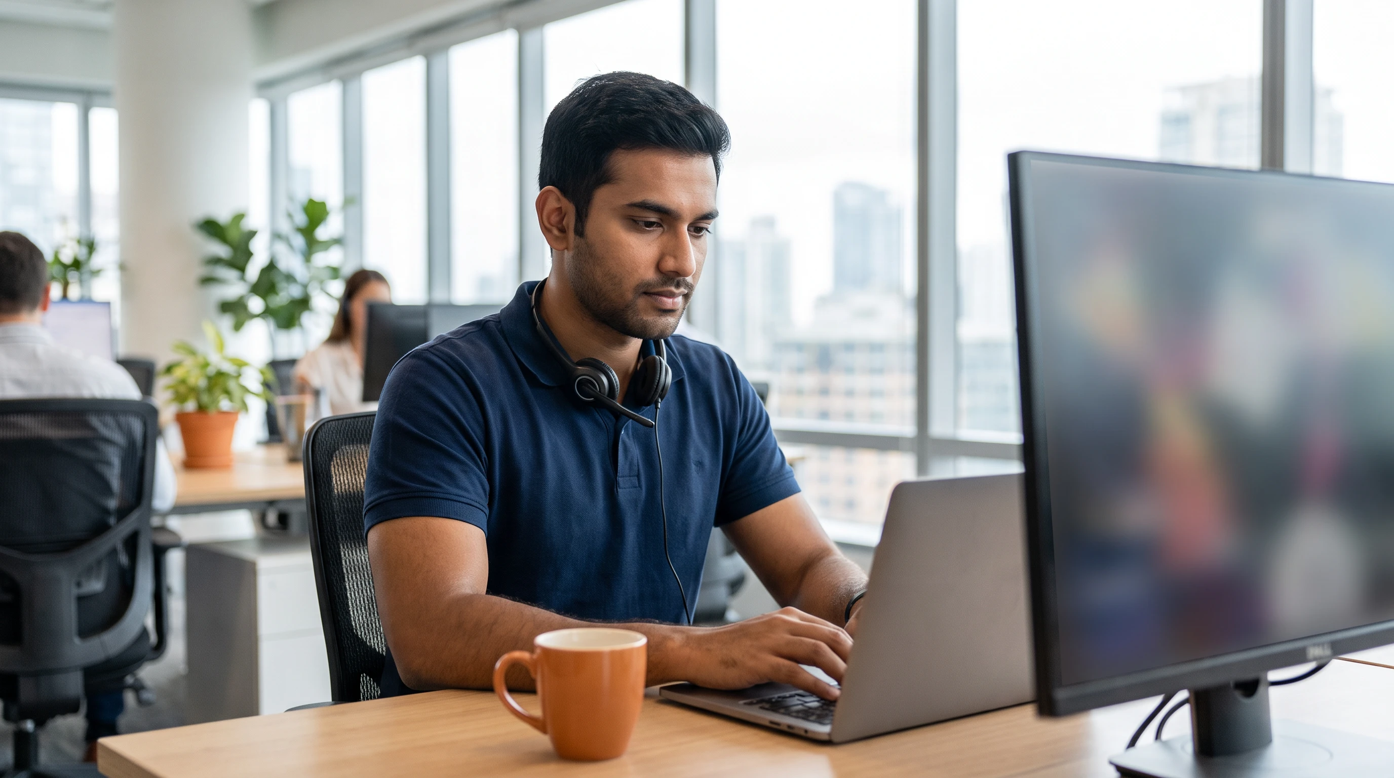 Offshore IT support specialist working at a laptop and monitor in a modern office