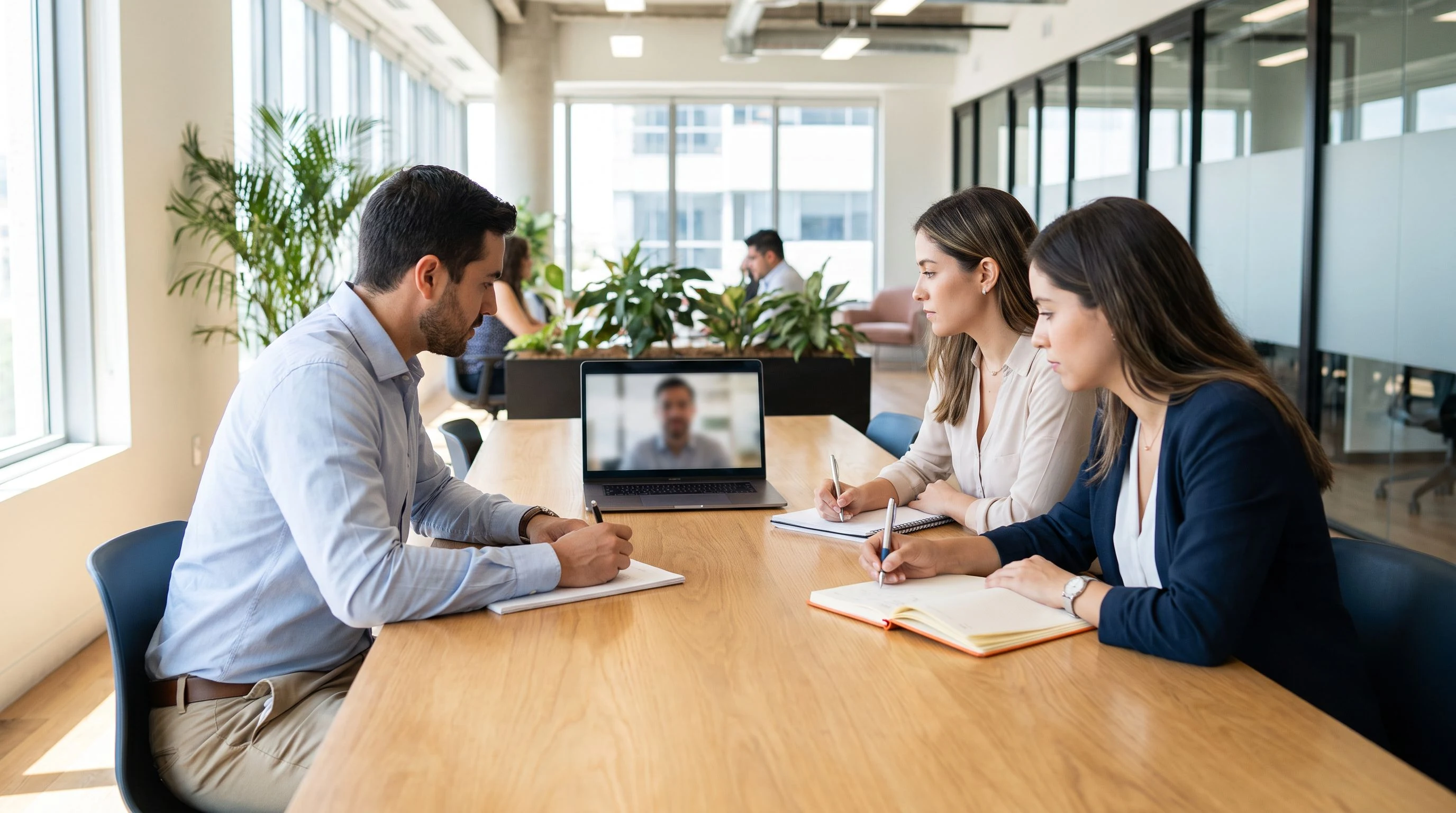 Hiring panel of three people taking notes during a video interview session