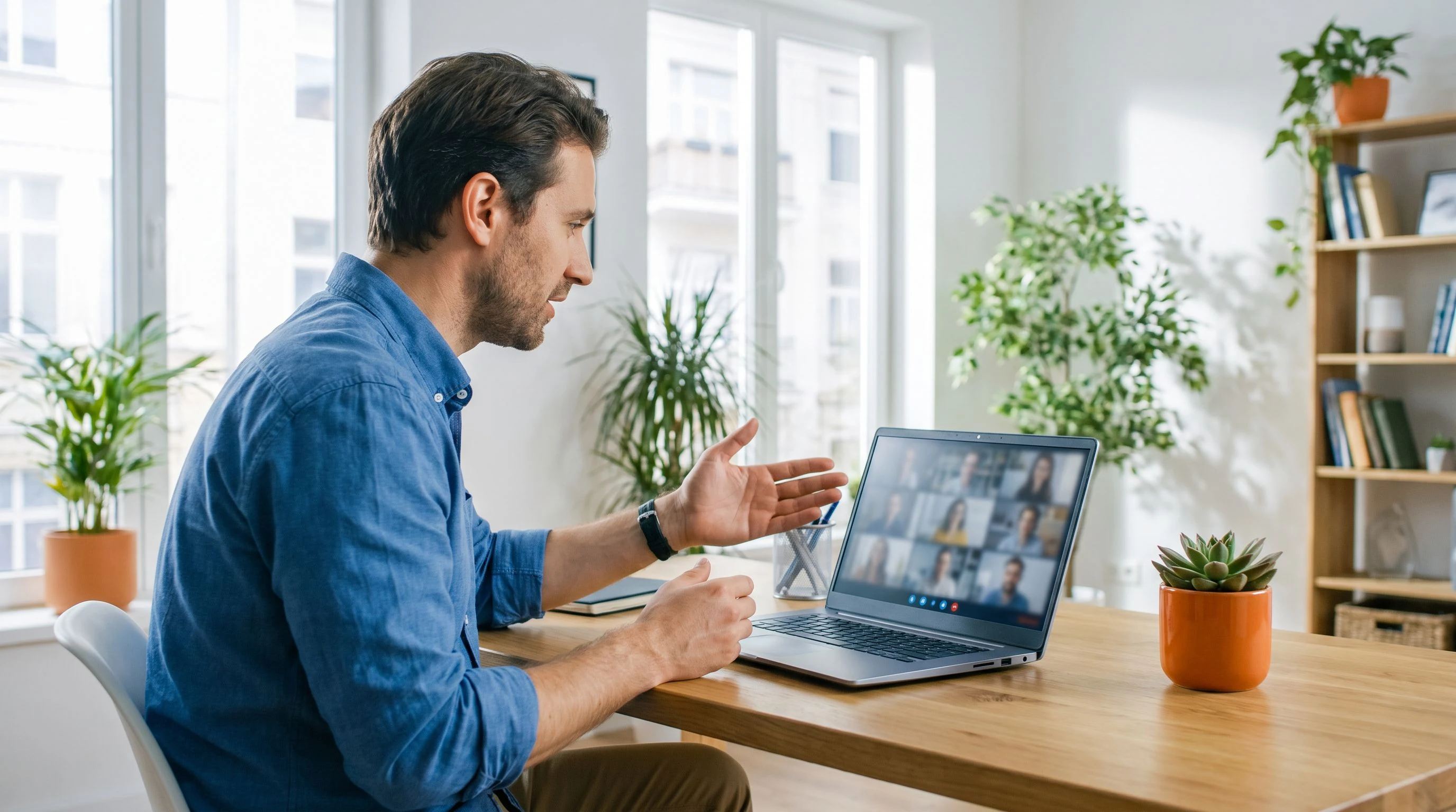 Engineer explaining a technical scenario on a laptop screen during a remote interview