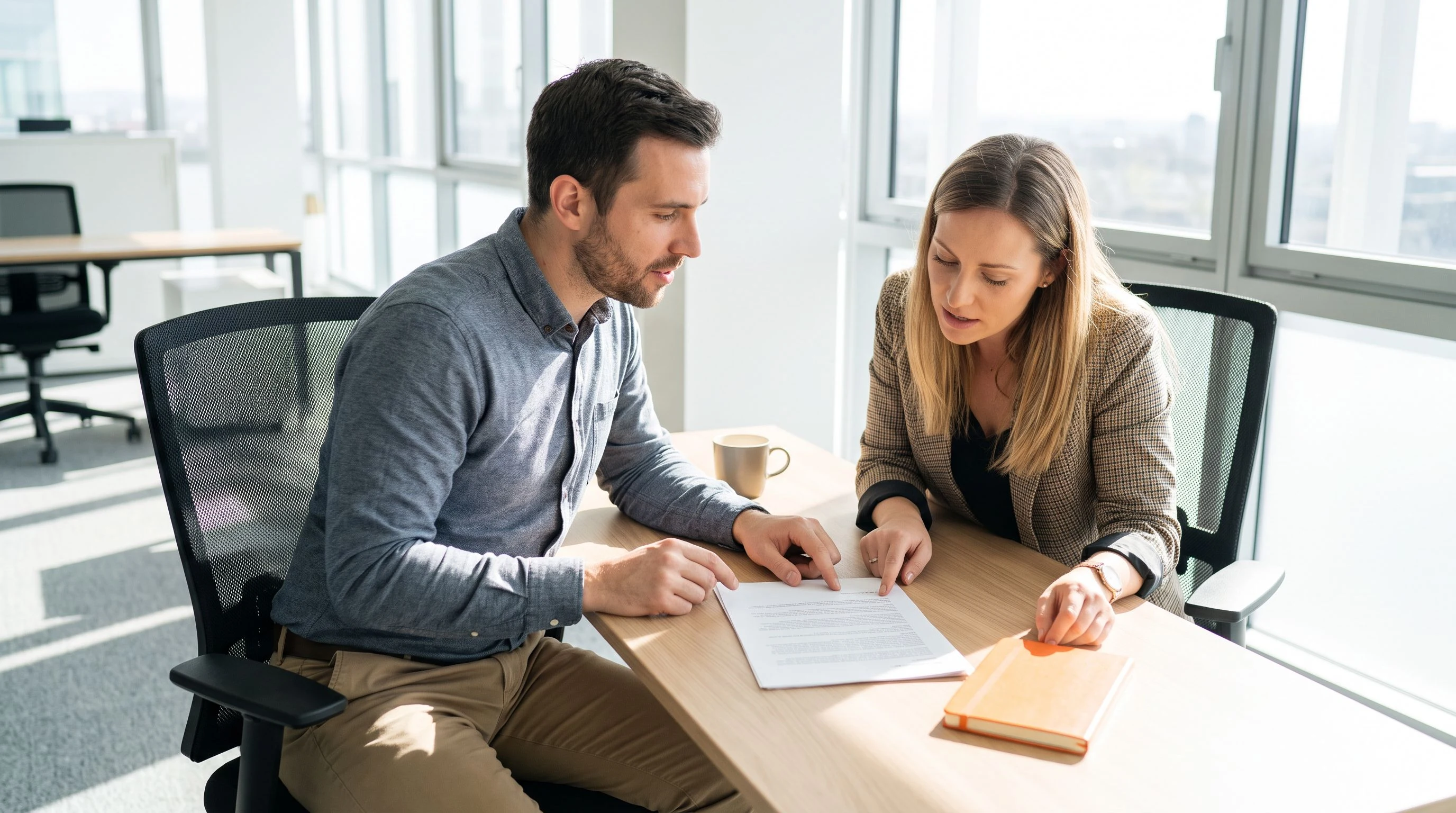 Two colleagues reviewing a printed job description document together at a desk