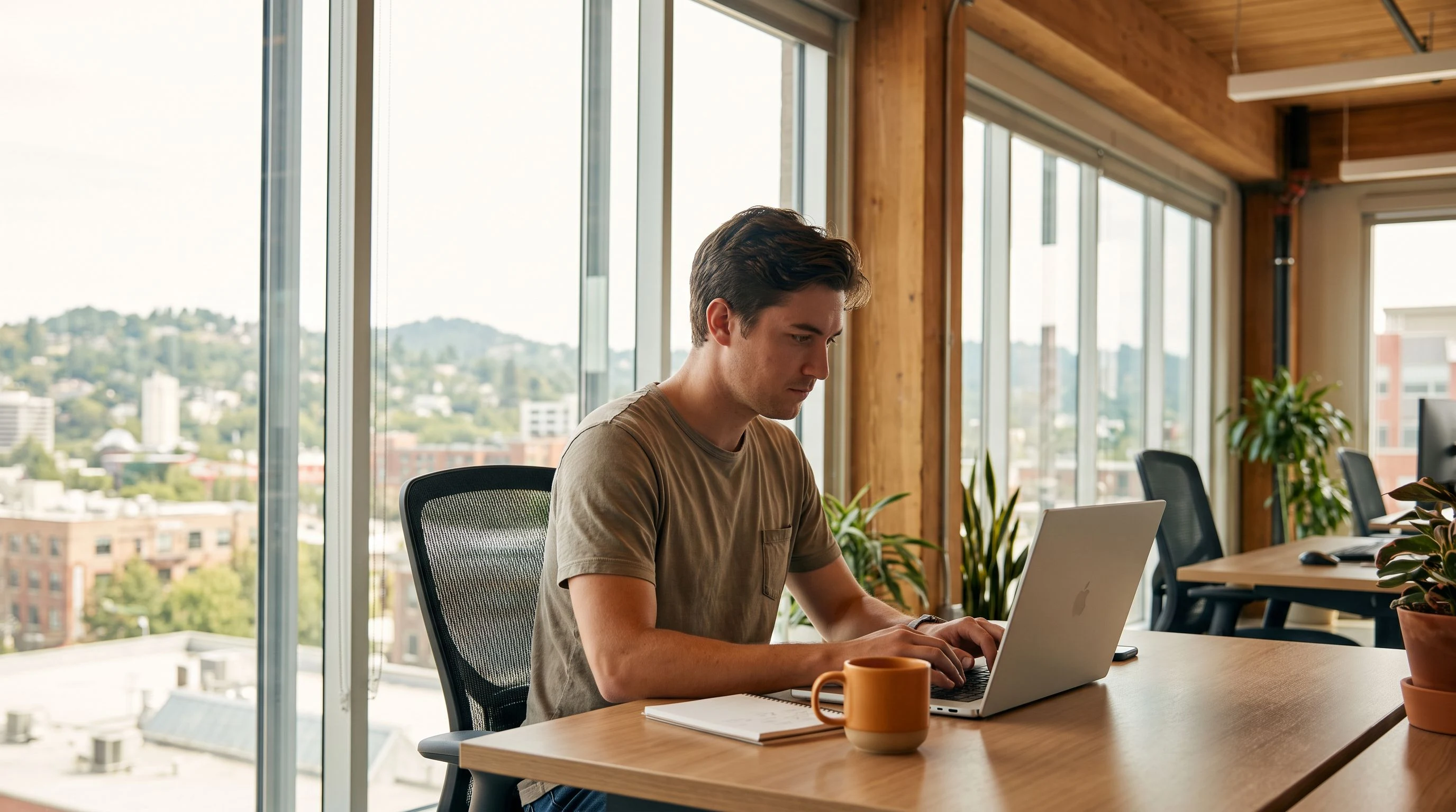 LLM engineer working at a laptop in a bright modern Colombia office