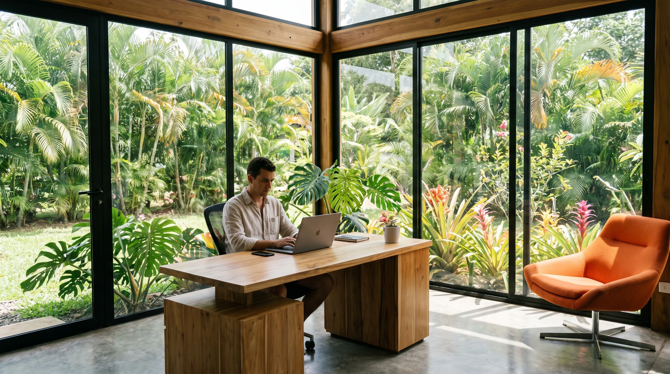 LLM engineer working at a laptop in a bright modern Costa Rica office