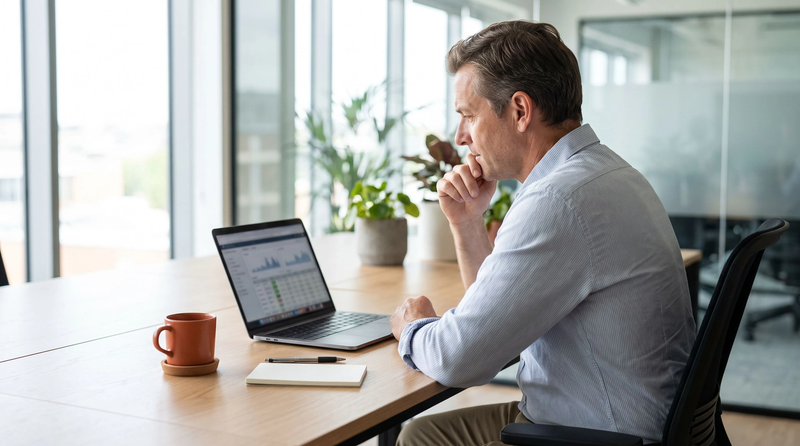 Engineering manager reviewing compensation planning on a laptop at a desk, orange accent detail