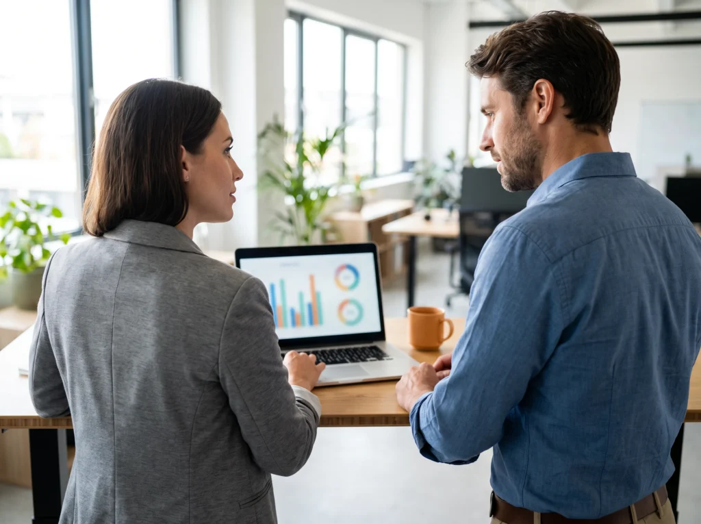 Marketing team reviewing offshore-supported social media analytics on a laptop in a modern office