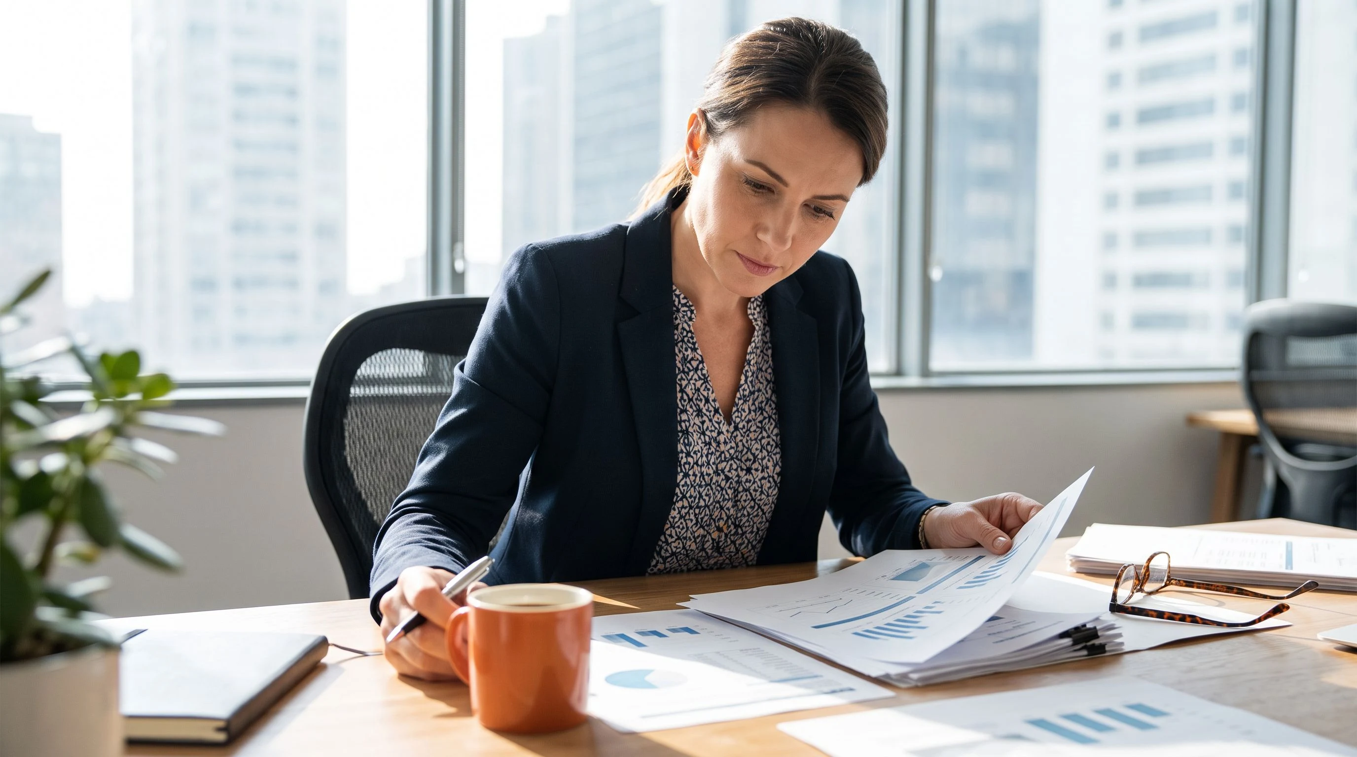 Hiring manager reviewing nearshore machine learning engineer candidate profiles on a laptop in a modern office