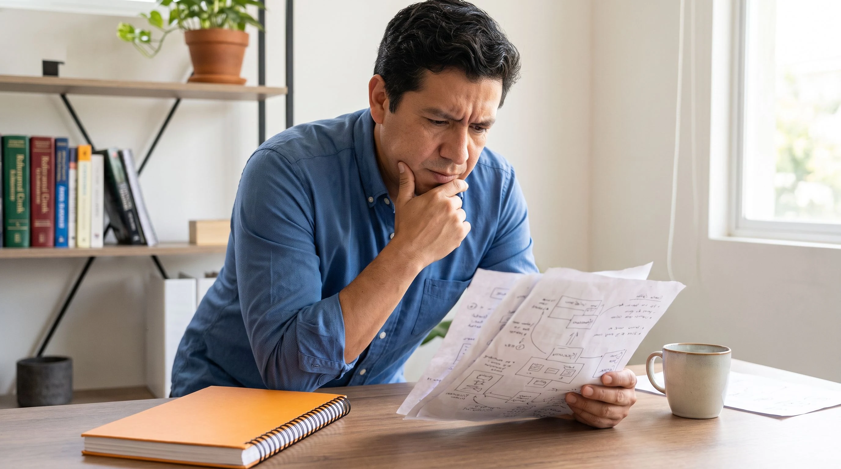 Machine learning engineer reviewing project specifications on printed documents at a clean desk with an orange notebook