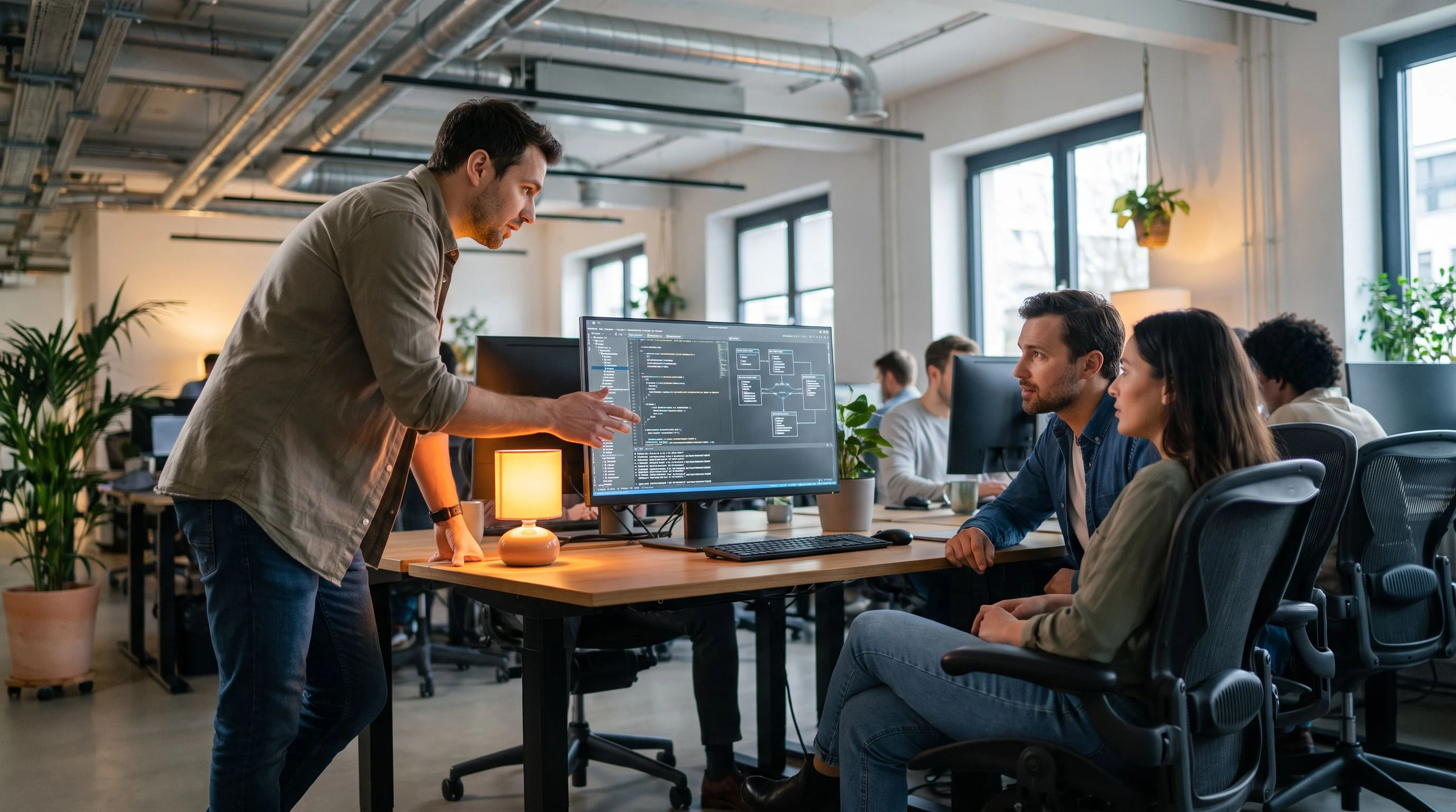 Two engineers in a bright office reviewing machine learning model output on a laptop screen during a technical interview