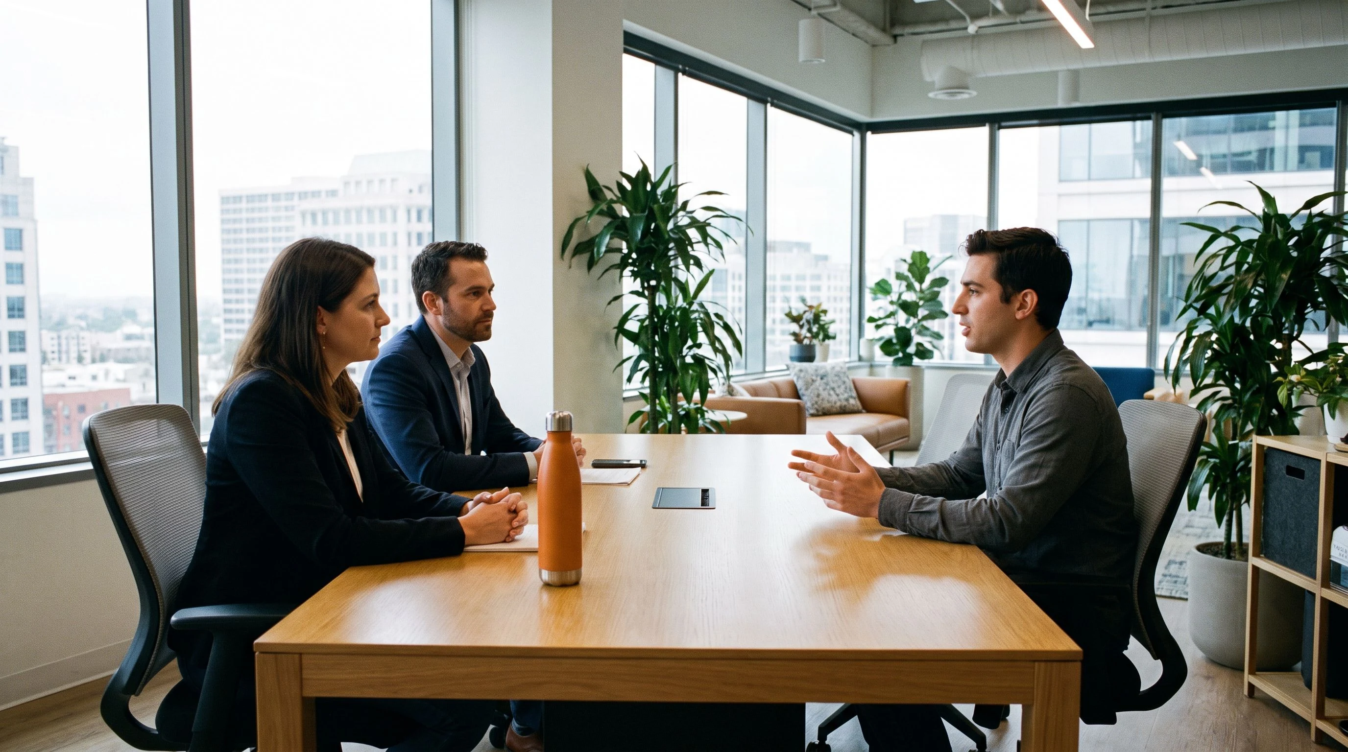 Hiring panel interviewing a machine learning engineer candidate in a modern conference room with natural light