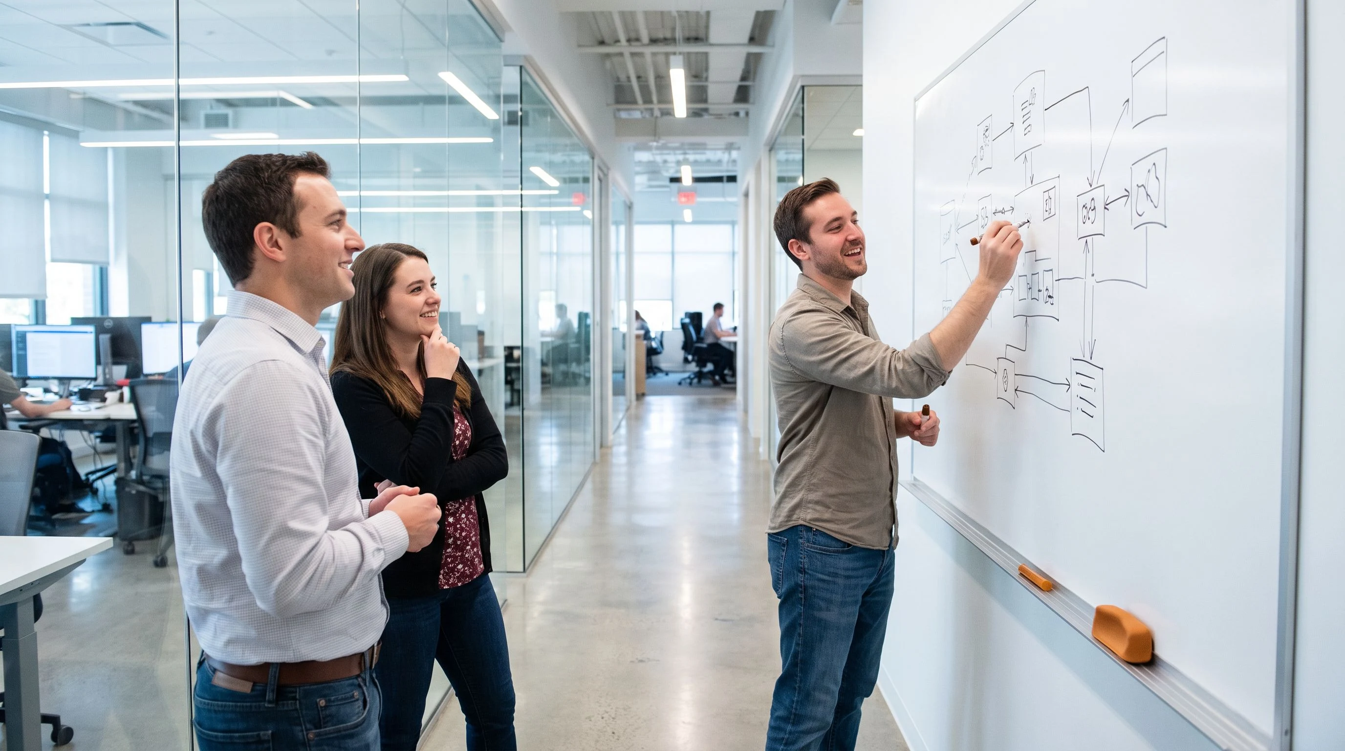 Machine learning engineer sketching a system architecture diagram on a whiteboard during a technical system design interview