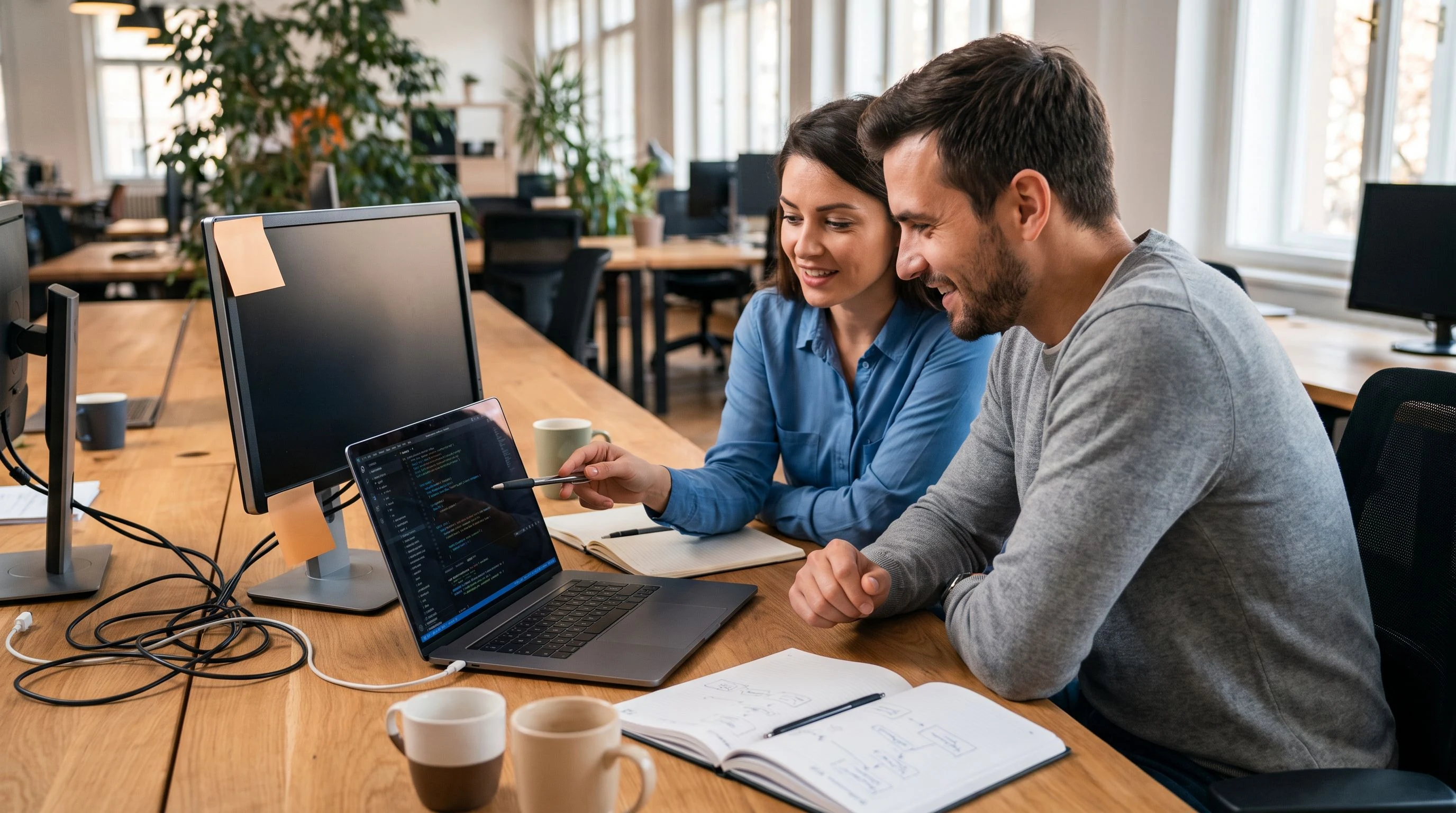 Two engineers collaborating on a code review session at a shared desk in a bright open-plan tech office, orange sticky note on the monitor