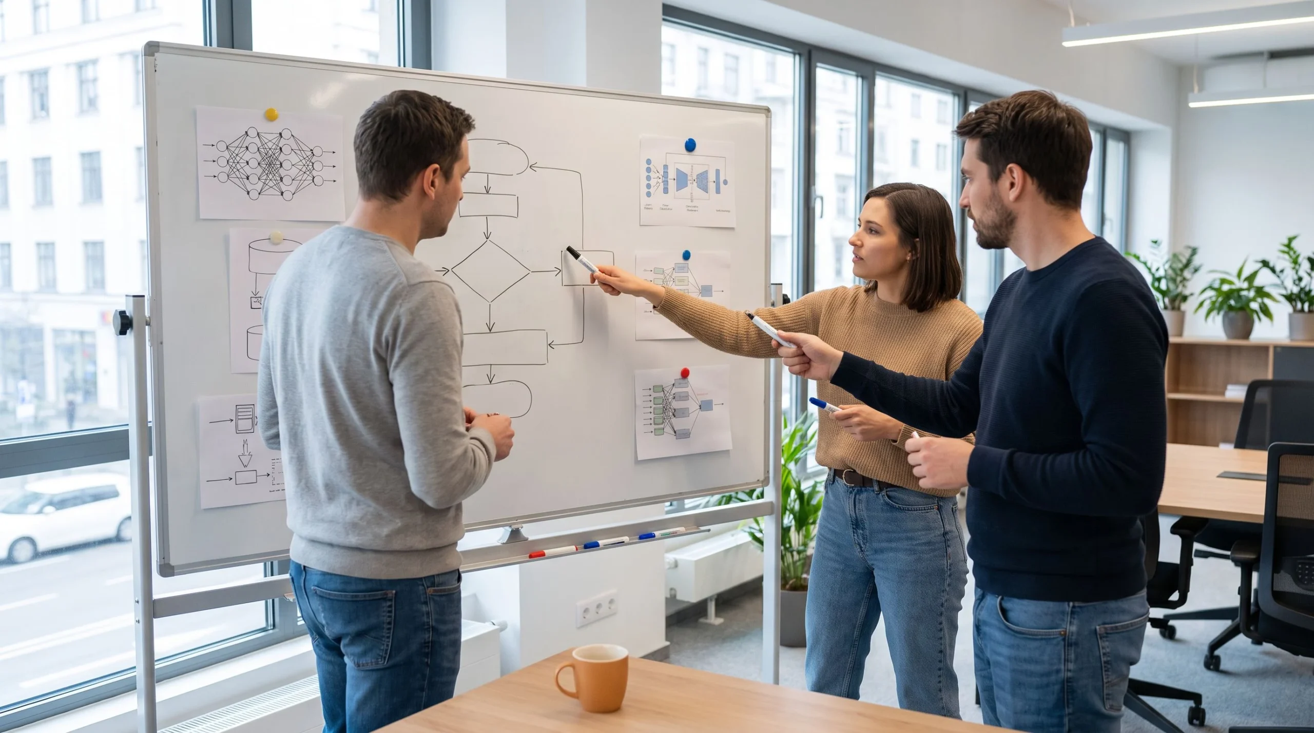 Three engineers reviewing ML engineer job description documents on a whiteboard in a modern office