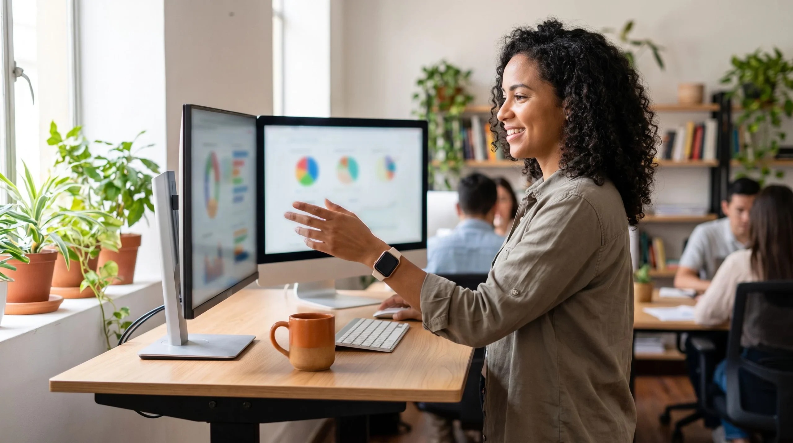 Nearshore machine learning engineer at a standing desk with dual monitors in a modern Latin American coworking space