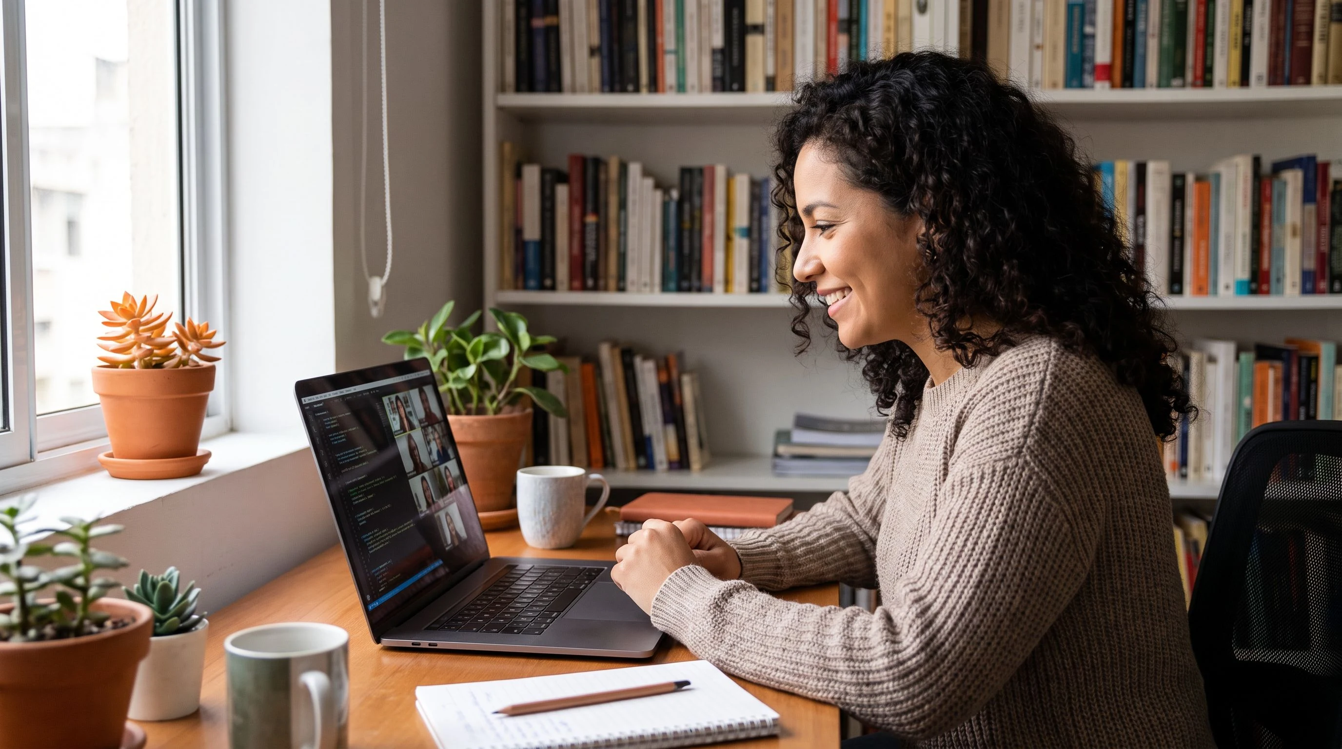 Latin American ML engineer reviewing code on a laptop during a video call from a cozy home office with bookshelves and natural light, warm-orange succulent plant on the windowsill