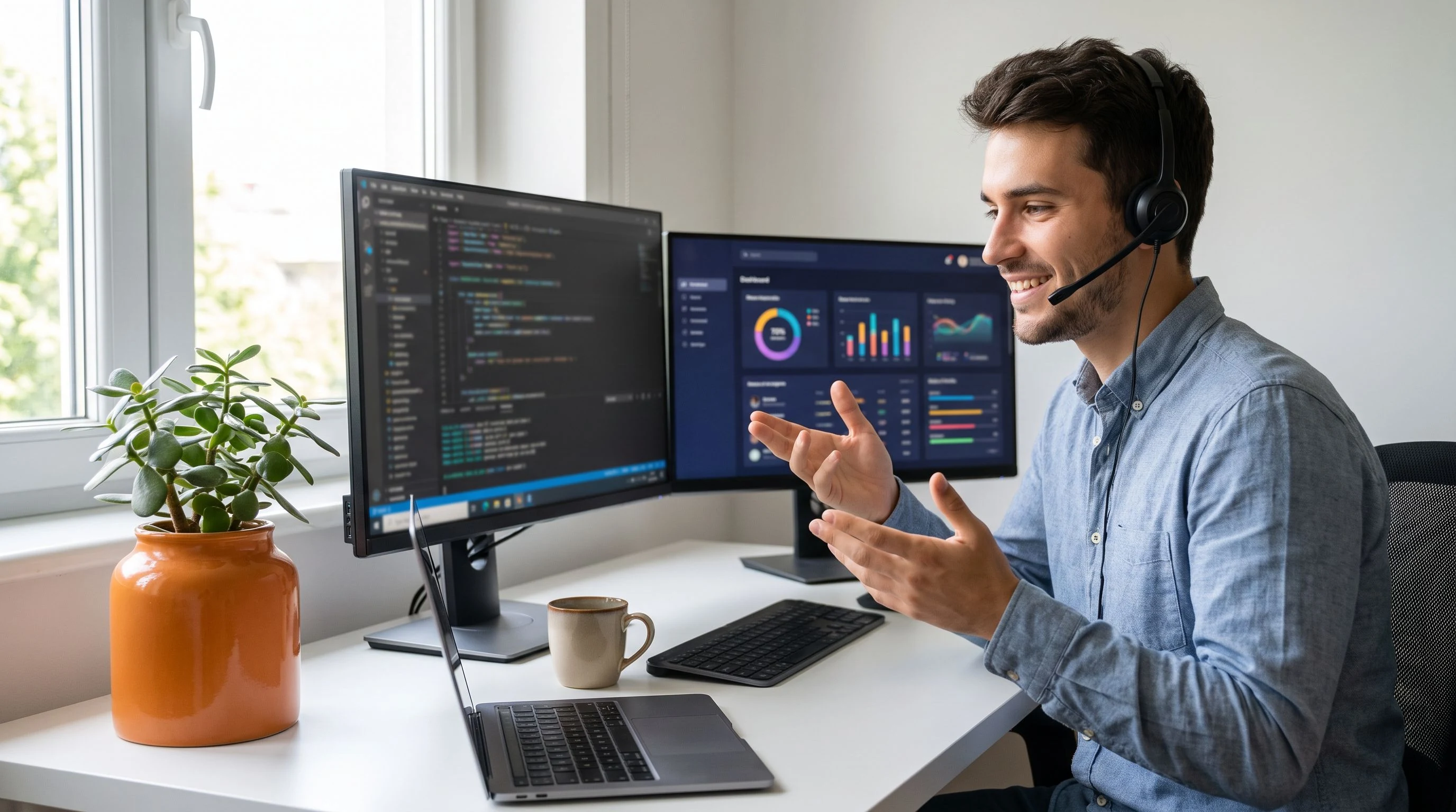 Nearshore agentic AI engineer on a video call at a home office desk with dual monitors, orange plant pot beside the desk