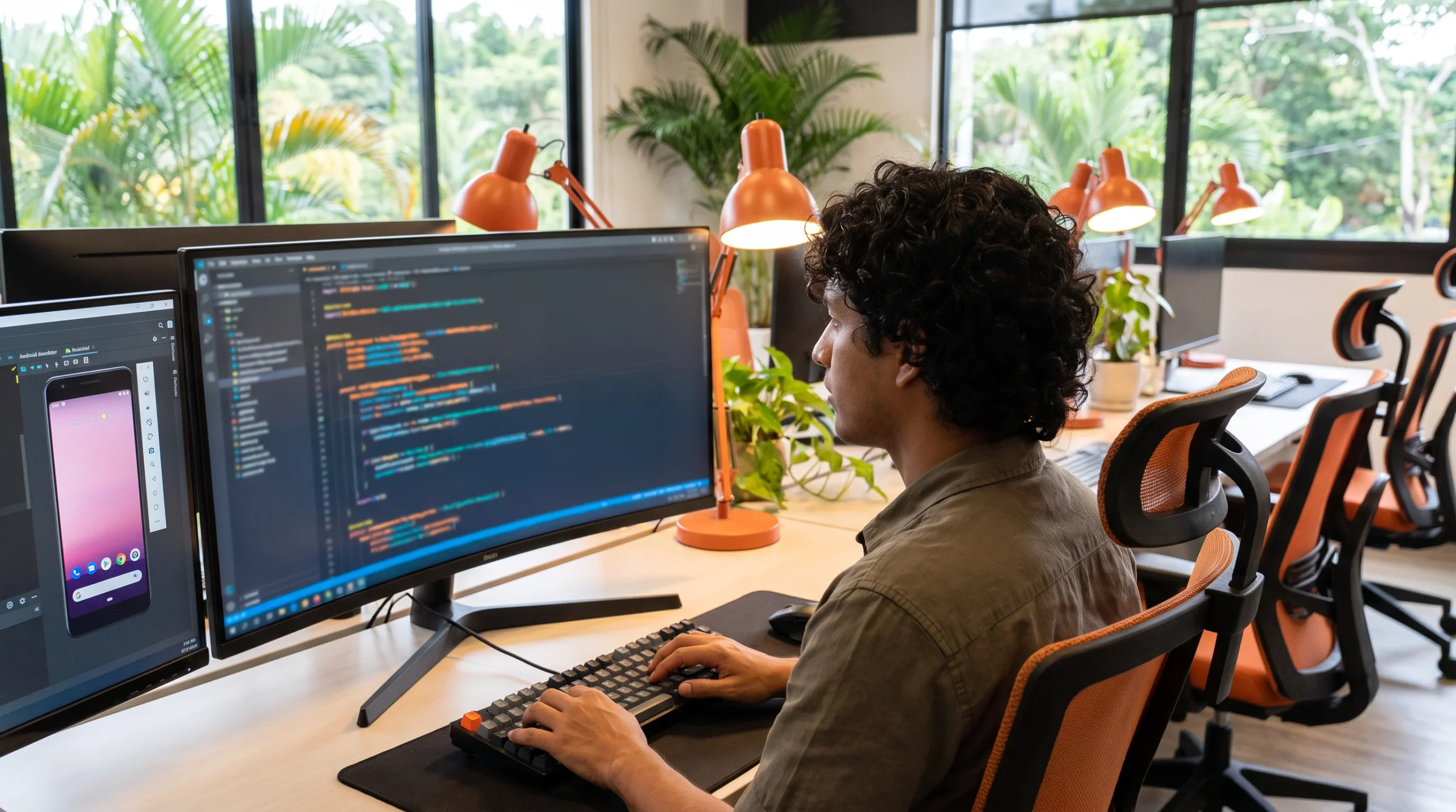 Nearshore Android developer writing Kotlin and Jetpack Compose code on a dual-monitor setup in a Costa Rica office