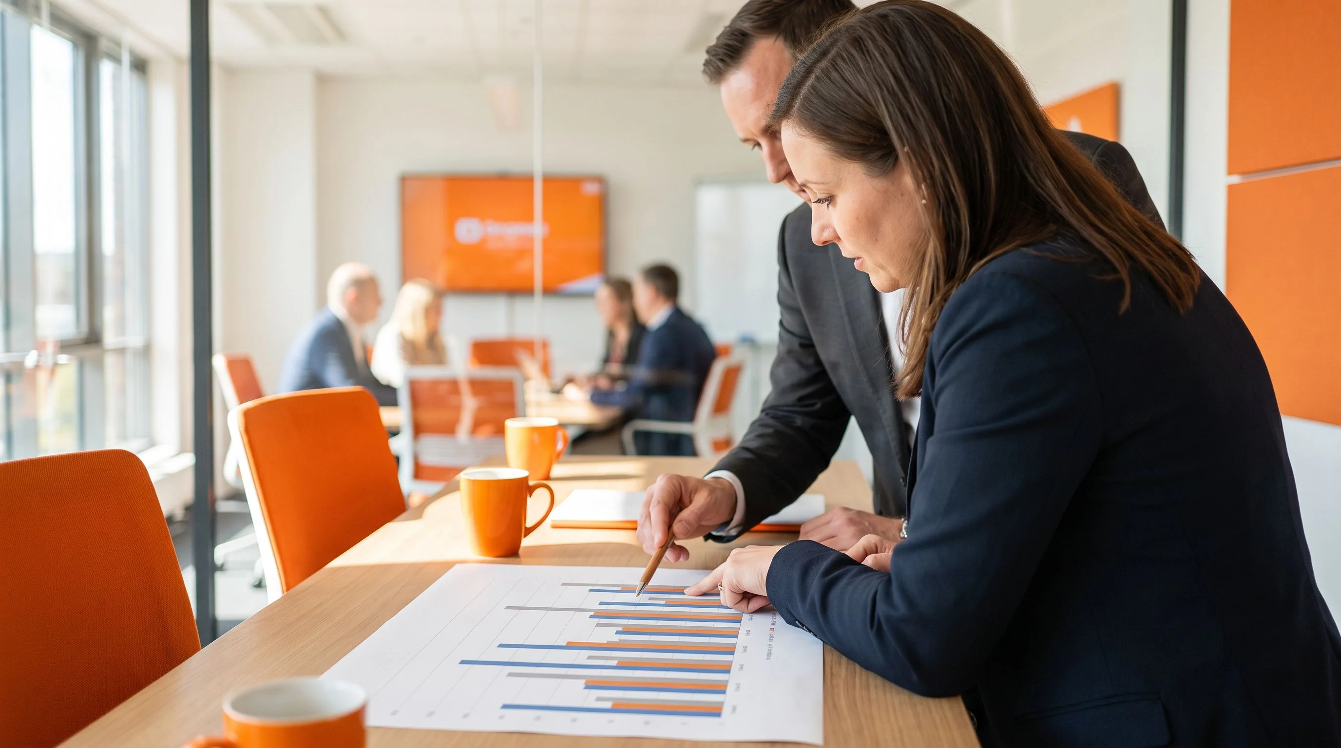 Two professionals reviewing a nearshore versus US Android developer salary comparison bar chart in a modern office