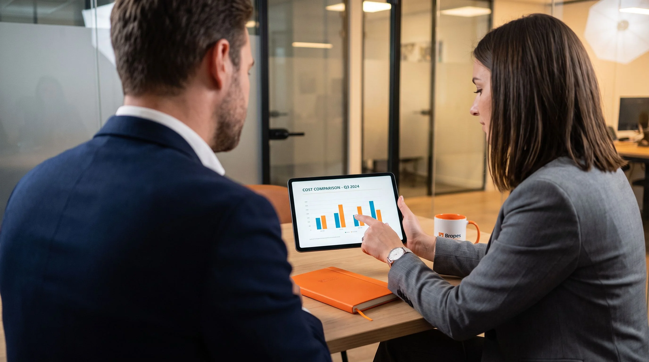 Two business professionals reviewing a nearshore Android developer total cost comparison chart on a tablet
