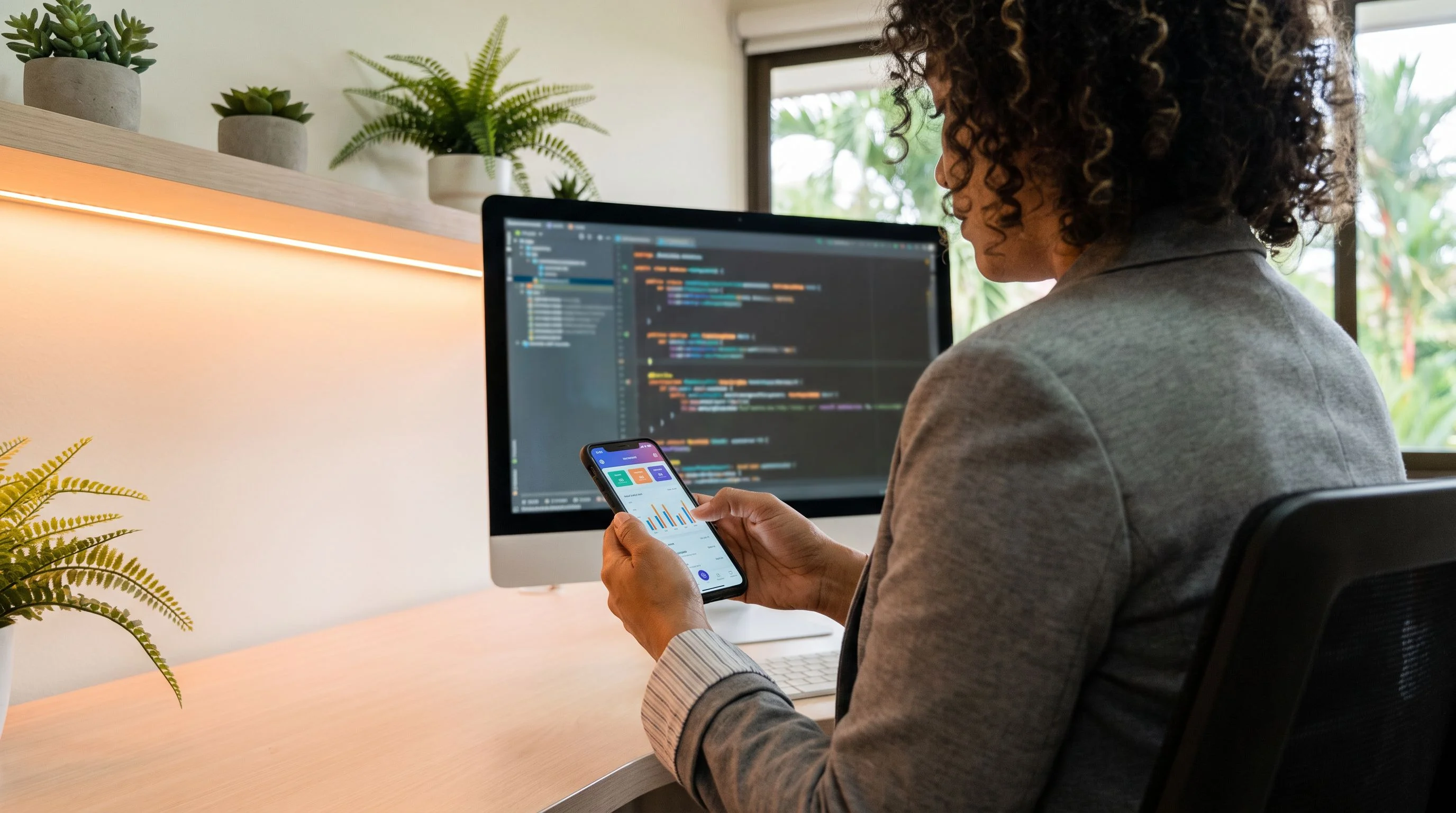 Nearshore Android developer reviewing a Kotlin app specialization build on a smartphone next to a monitor showing code