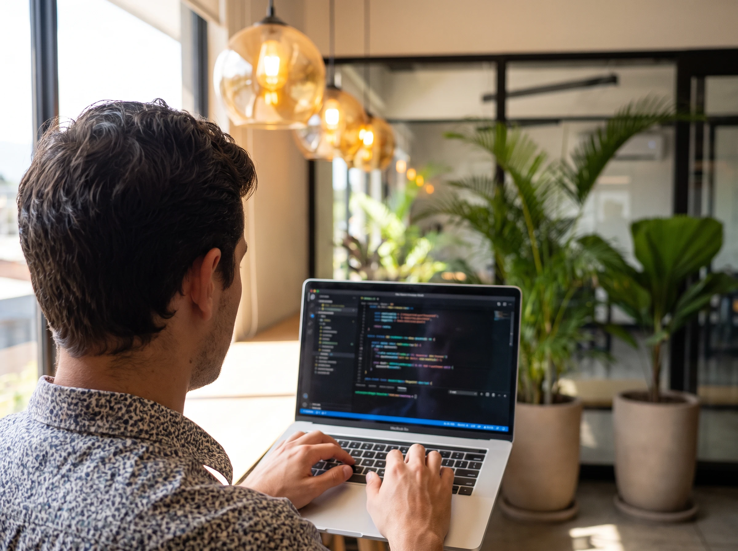 Nearshore Android developer writing Kotlin code on a laptop in a bright Costa Rica office