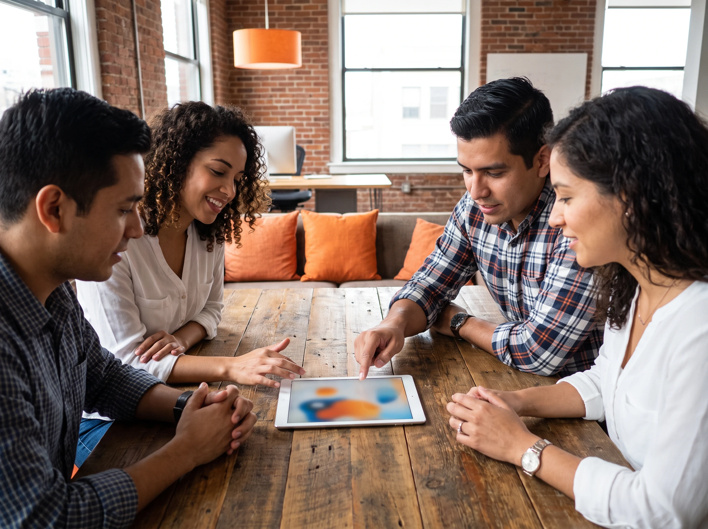 Team of nearshore Android developers collaborating on a mobile app UI mockup