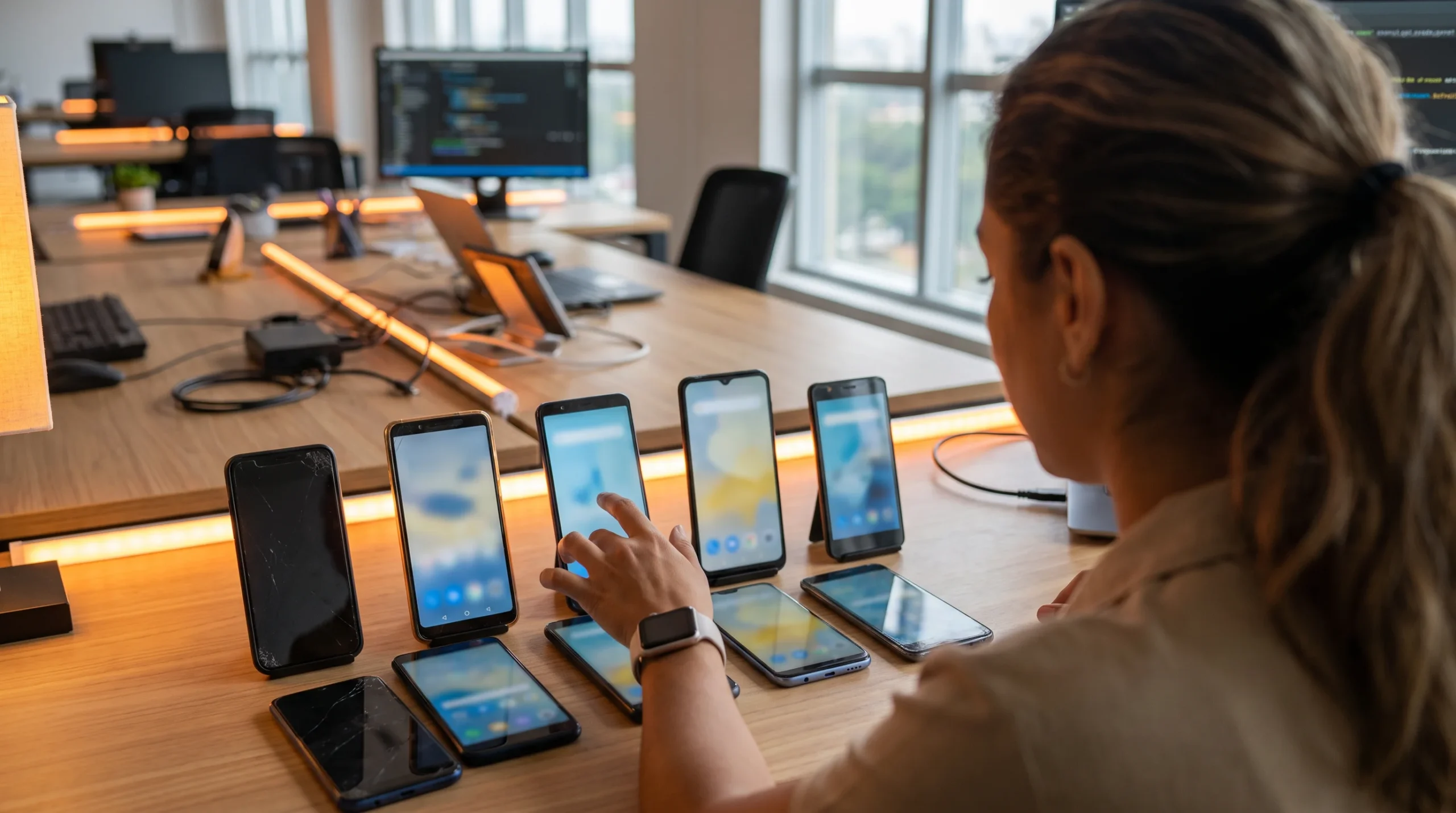 Nearshore Android developer testing app UI across multiple Android devices for fragmentation coverage