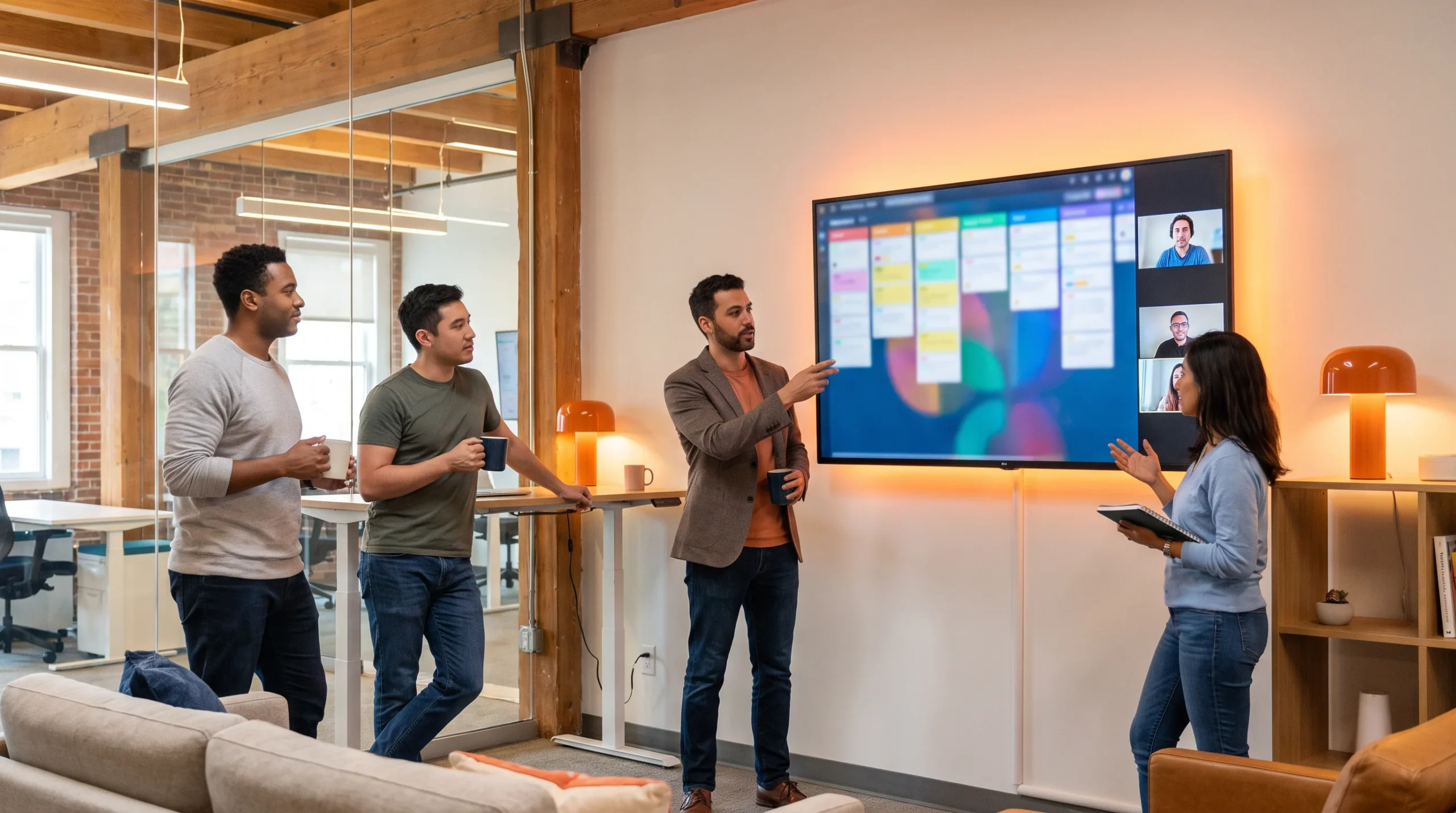 Distributed engineering team running a sprint planning standup with a nearshore Android developer on screen