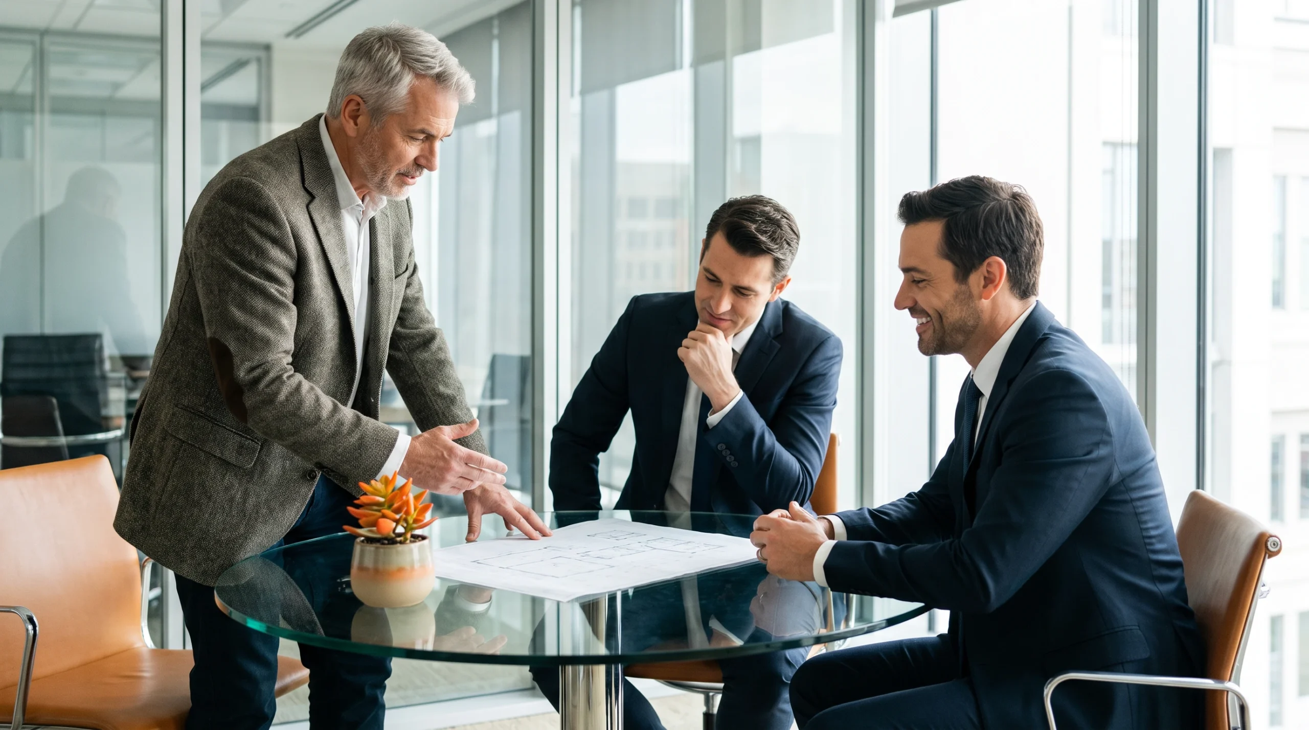 Senior architect presenting a technical plan to two executives at a glass conference table in a modern office